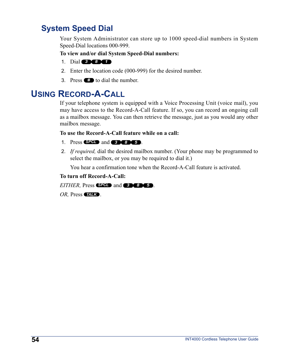 System speed dial, Using record-a-call, Sing | Ecord | Inter-Tel INT4000 User Manual | Page 66 / 92