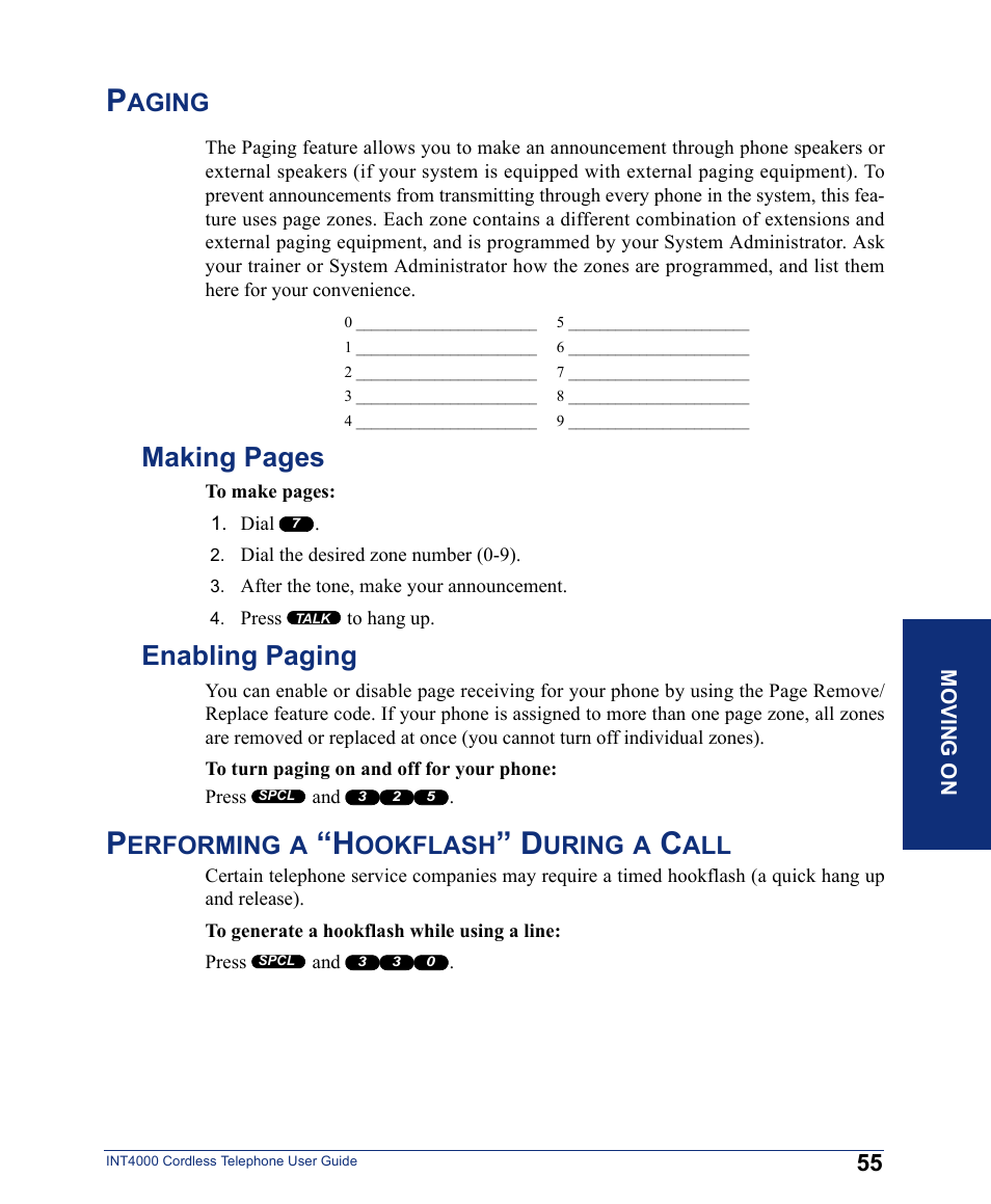 Paging, Enabling paging, Performing a “hookflash” during a call | Making pages, Aging, Erforming, Ookflash, Uring | Inter-Tel INT4000 User Manual | Page 67 / 92