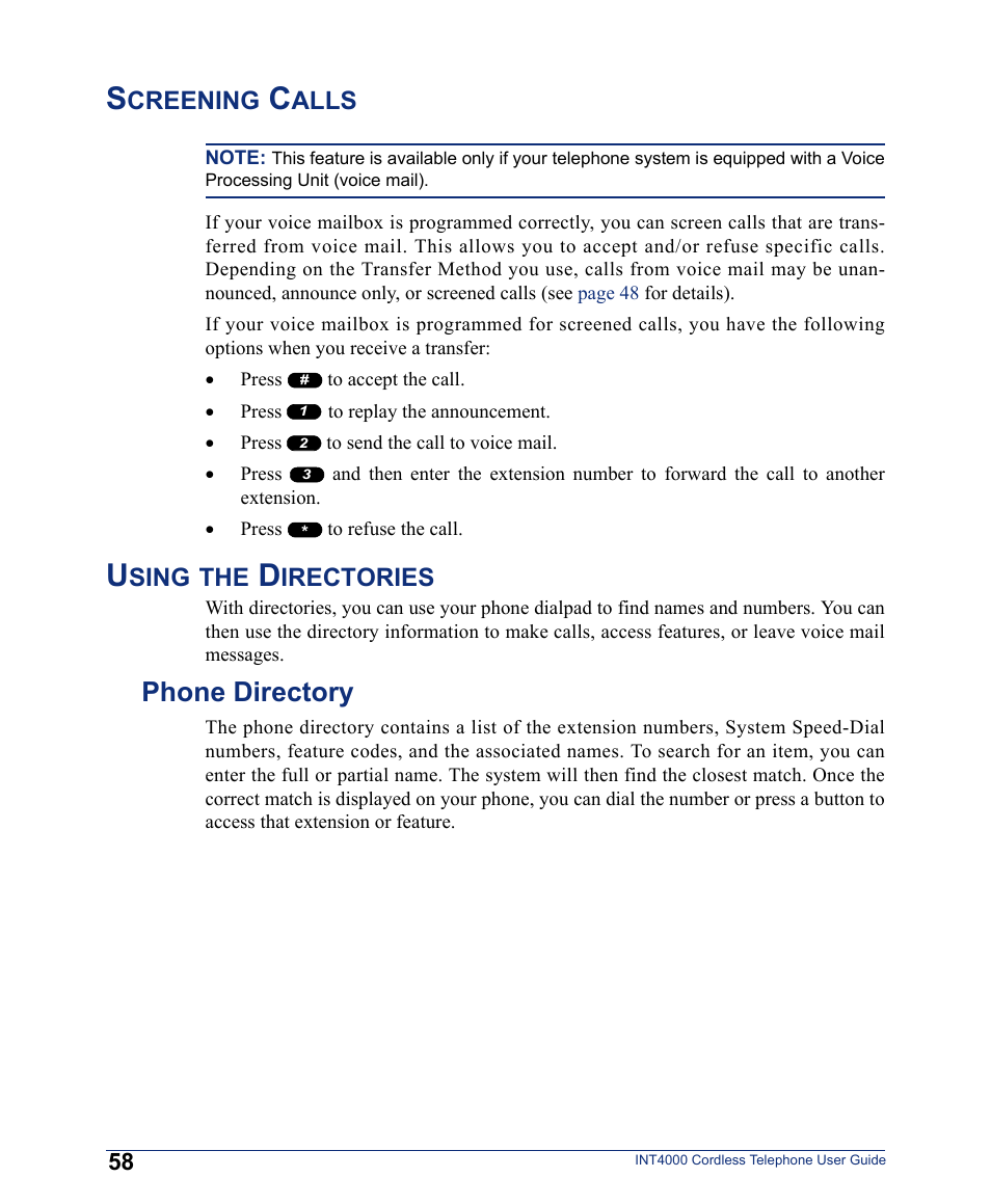 Screening calls, Phone directory, Screening calls using the directories | Creening, Alls, Sing, Irectories | Inter-Tel INT4000 User Manual | Page 70 / 92