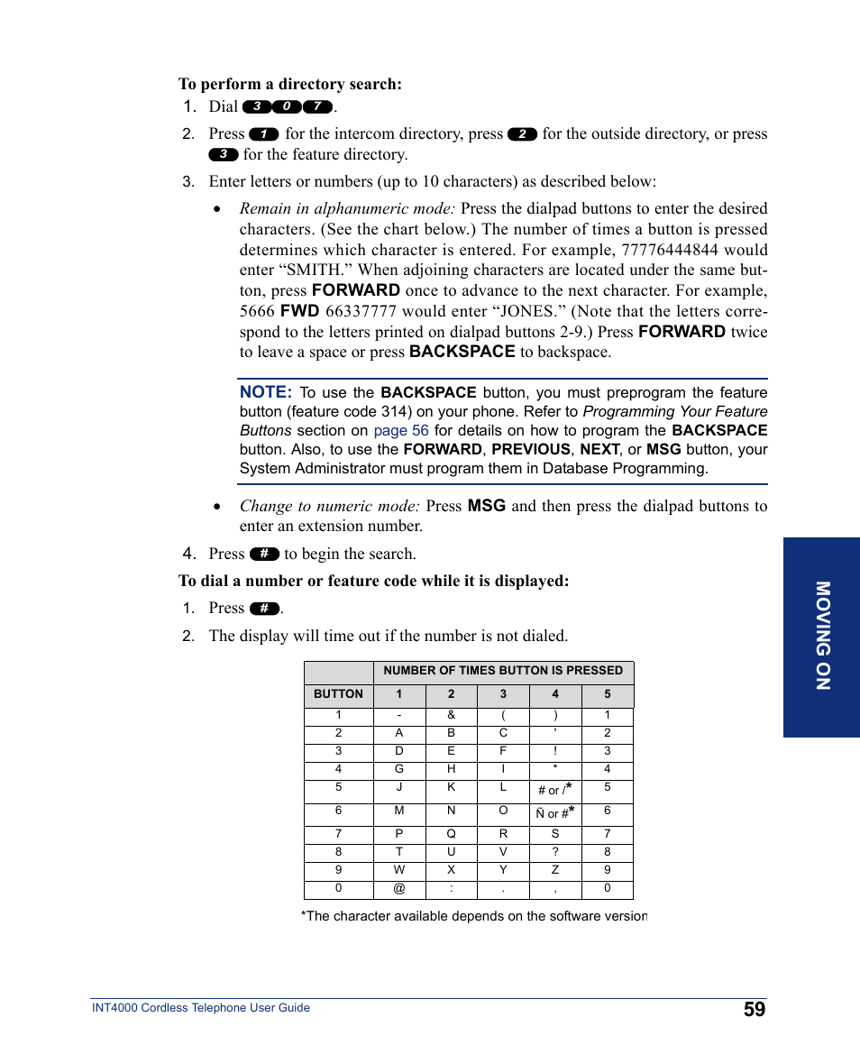To perform a directory search, Mo ving o n, Press | Inter-Tel INT4000 User Manual | Page 71 / 92
