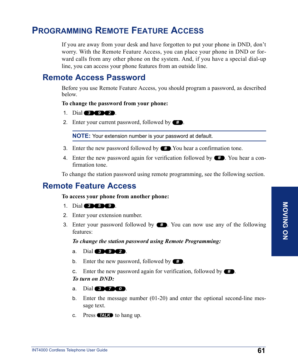 Programming remote feature access, Remote access password, Remote feature access | Remote access password remote feature access, Rogramming, Emote, Eature, Ccess | Inter-Tel INT4000 User Manual | Page 73 / 92