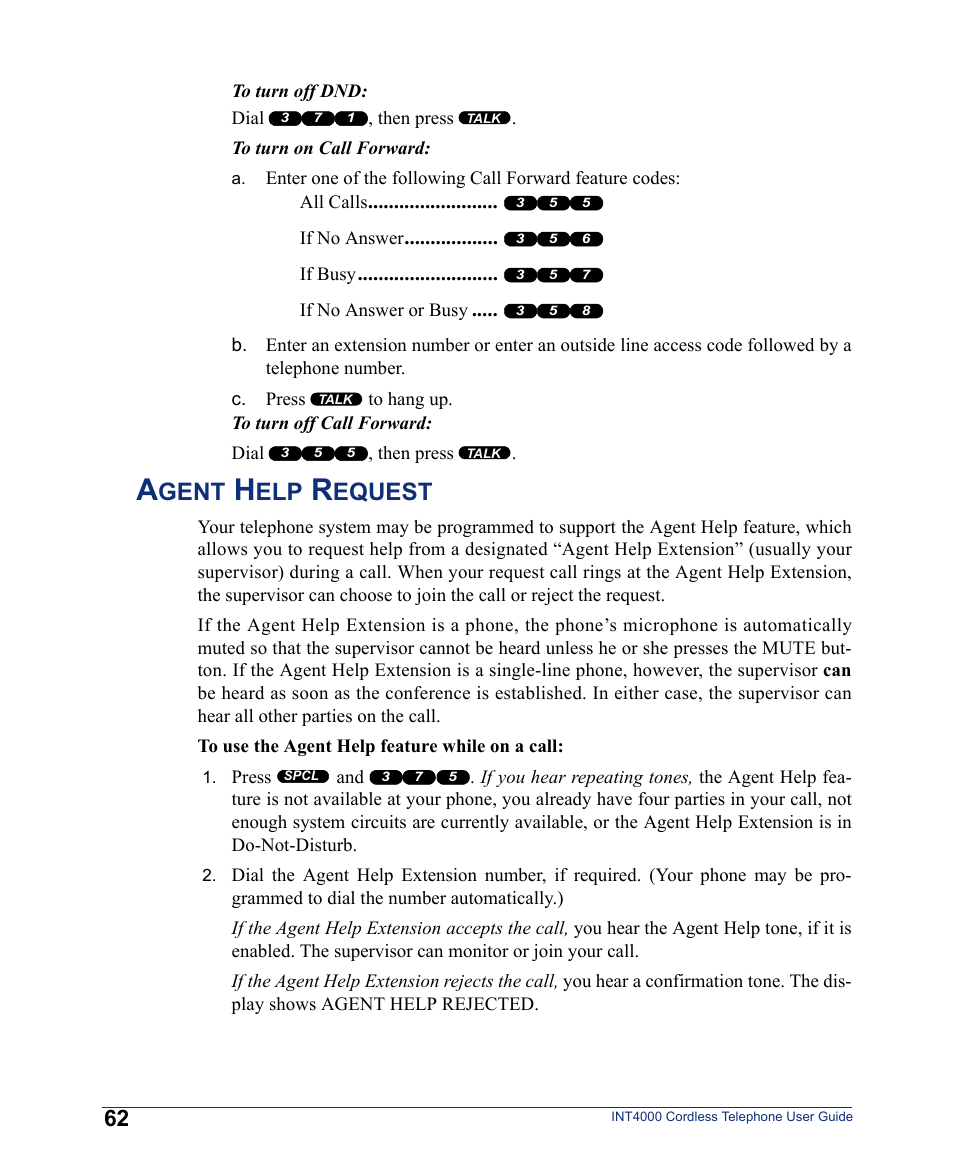 To turn off dnd, Agent help request, Gent | Equest | Inter-Tel INT4000 User Manual | Page 74 / 92