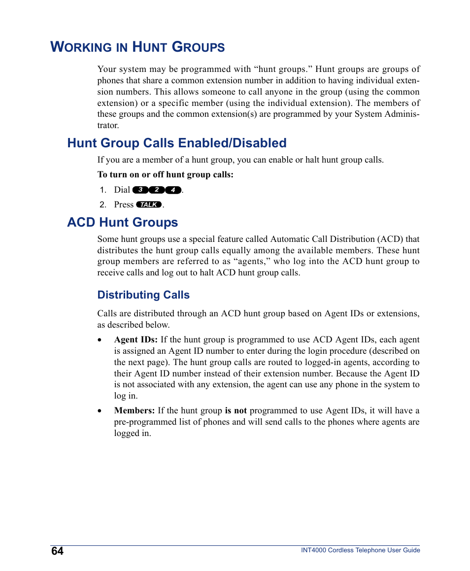 Working in hunt groups, Hunt group calls enabled/disabled, Acd hunt groups | Hunt group calls enabled/disabled acd hunt groups, Orking, Roups | Inter-Tel INT4000 User Manual | Page 76 / 92