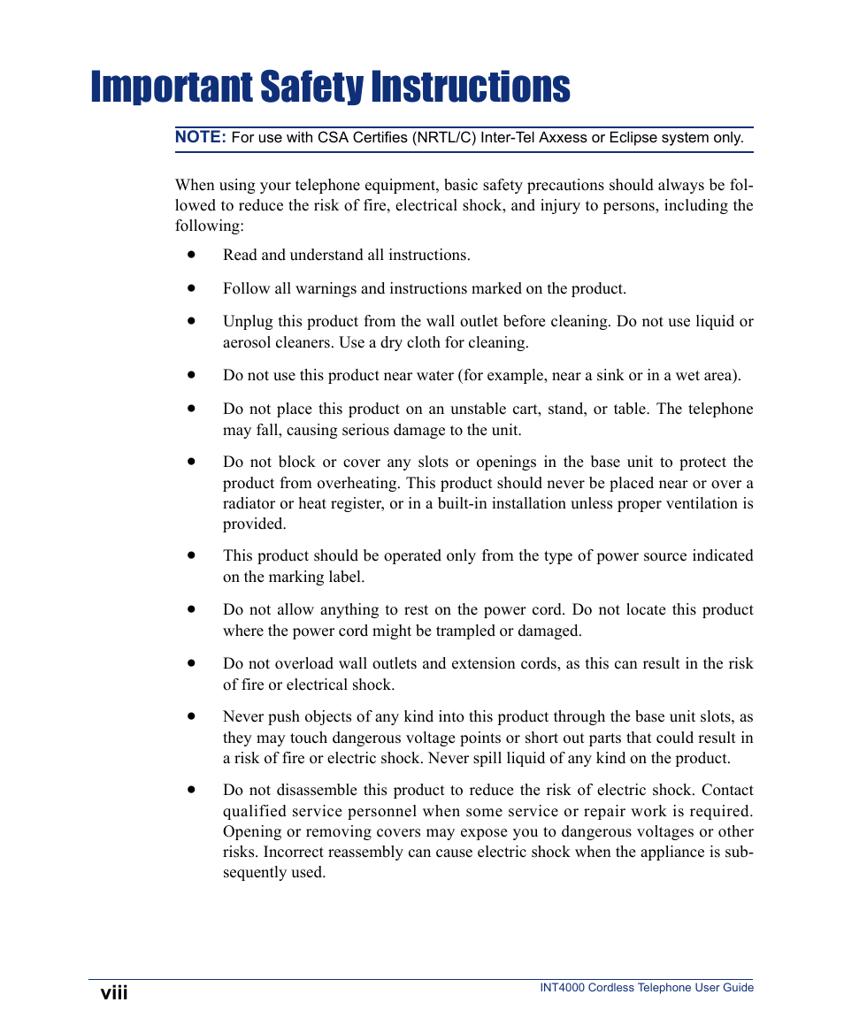 Important safety instructions | Inter-Tel INT4000 User Manual | Page 8 / 92