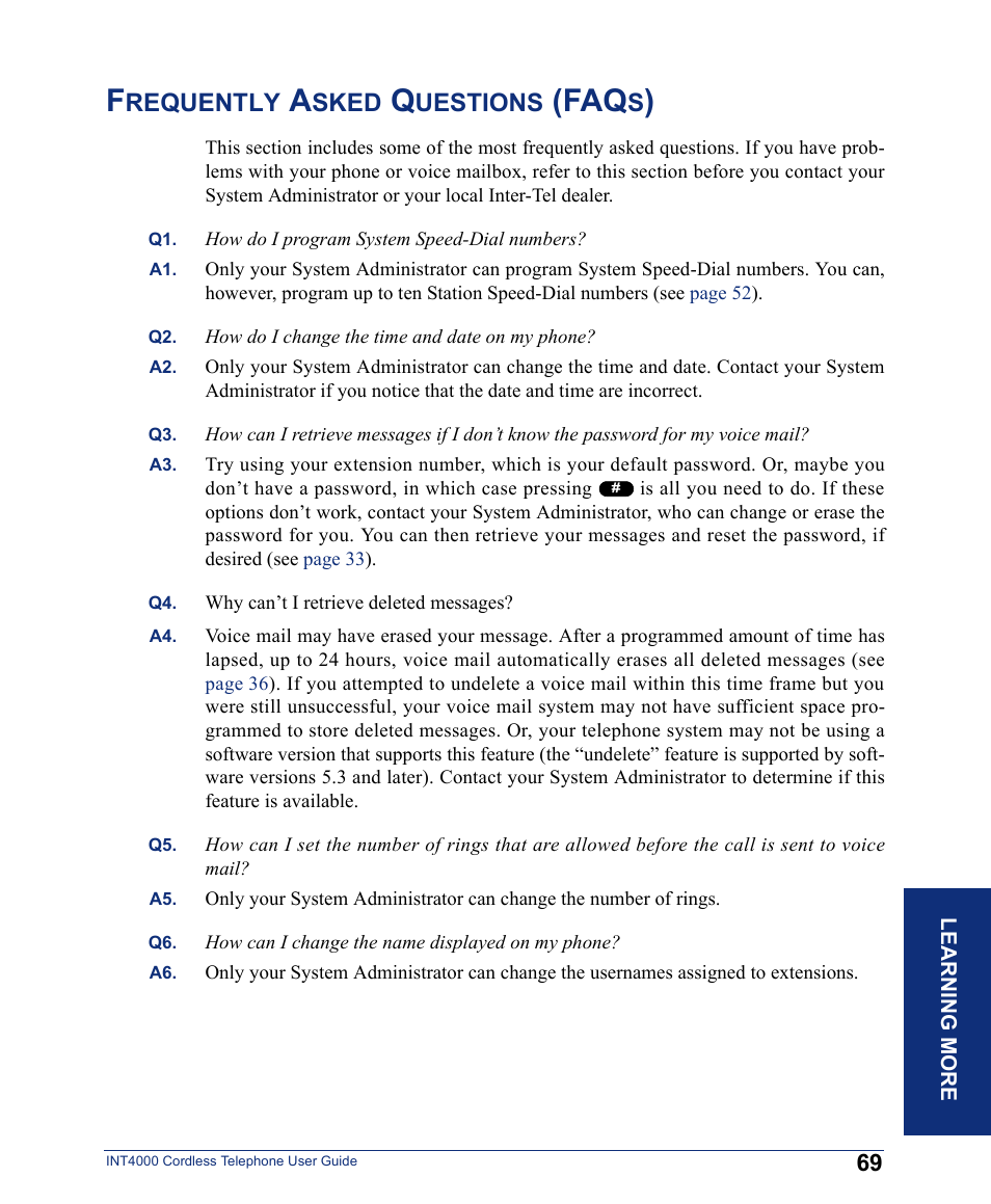 Frequently asked questions (faqs), Requently, Sked | Uestions | Inter-Tel INT4000 User Manual | Page 81 / 92