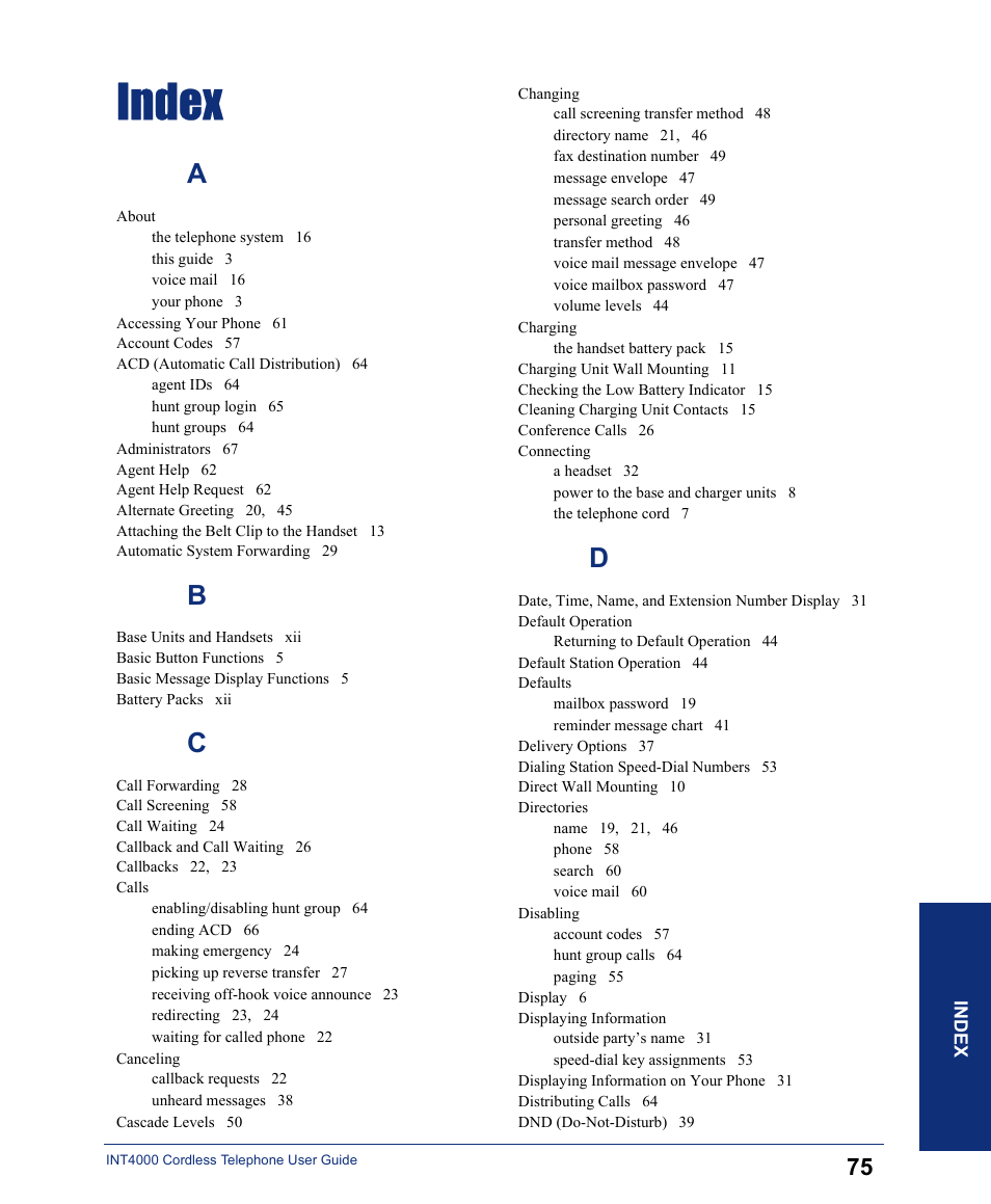 Index | Inter-Tel INT4000 User Manual | Page 87 / 92