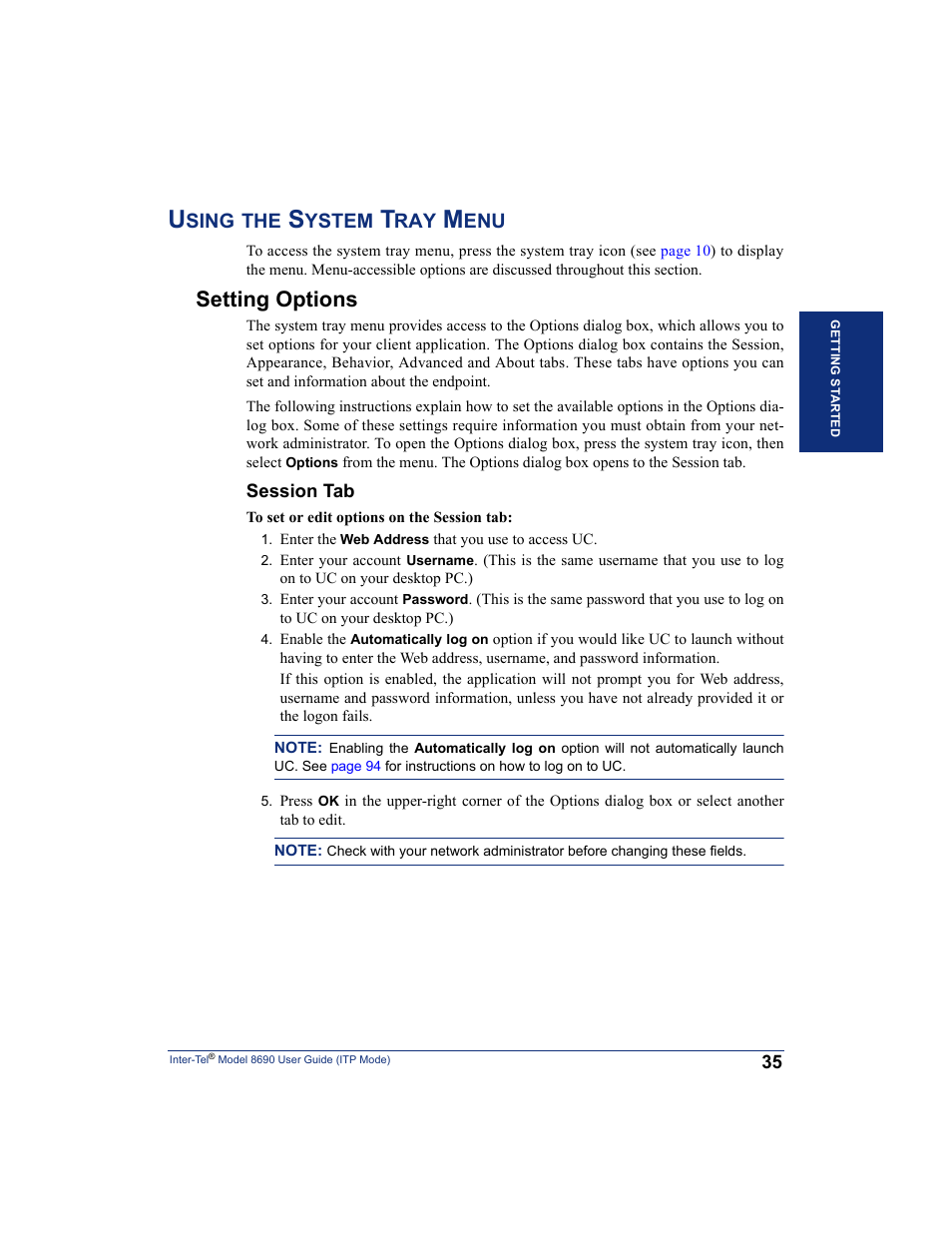 Using the system tray menu, Setting options, Sing | Ystem | Inter-Tel ENDPOINT 8690 User Manual | Page 41 / 156