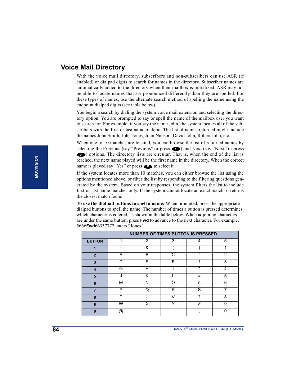 Voice mail directory, Mail directory (see | Inter-Tel ENDPOINT 8690 User Manual | Page 90 / 156