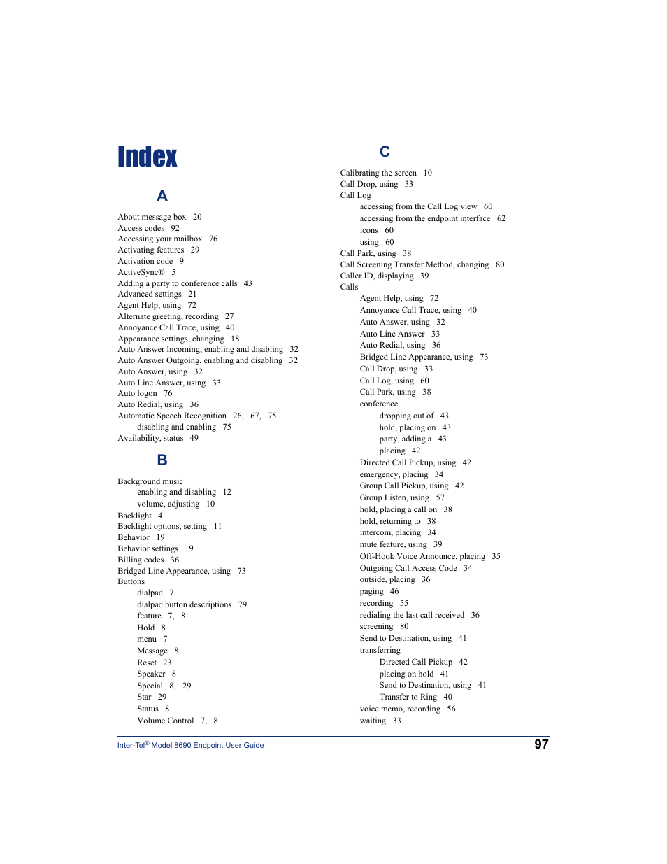 Index | Inter-Tel 8690 User Manual | Page 111 / 118