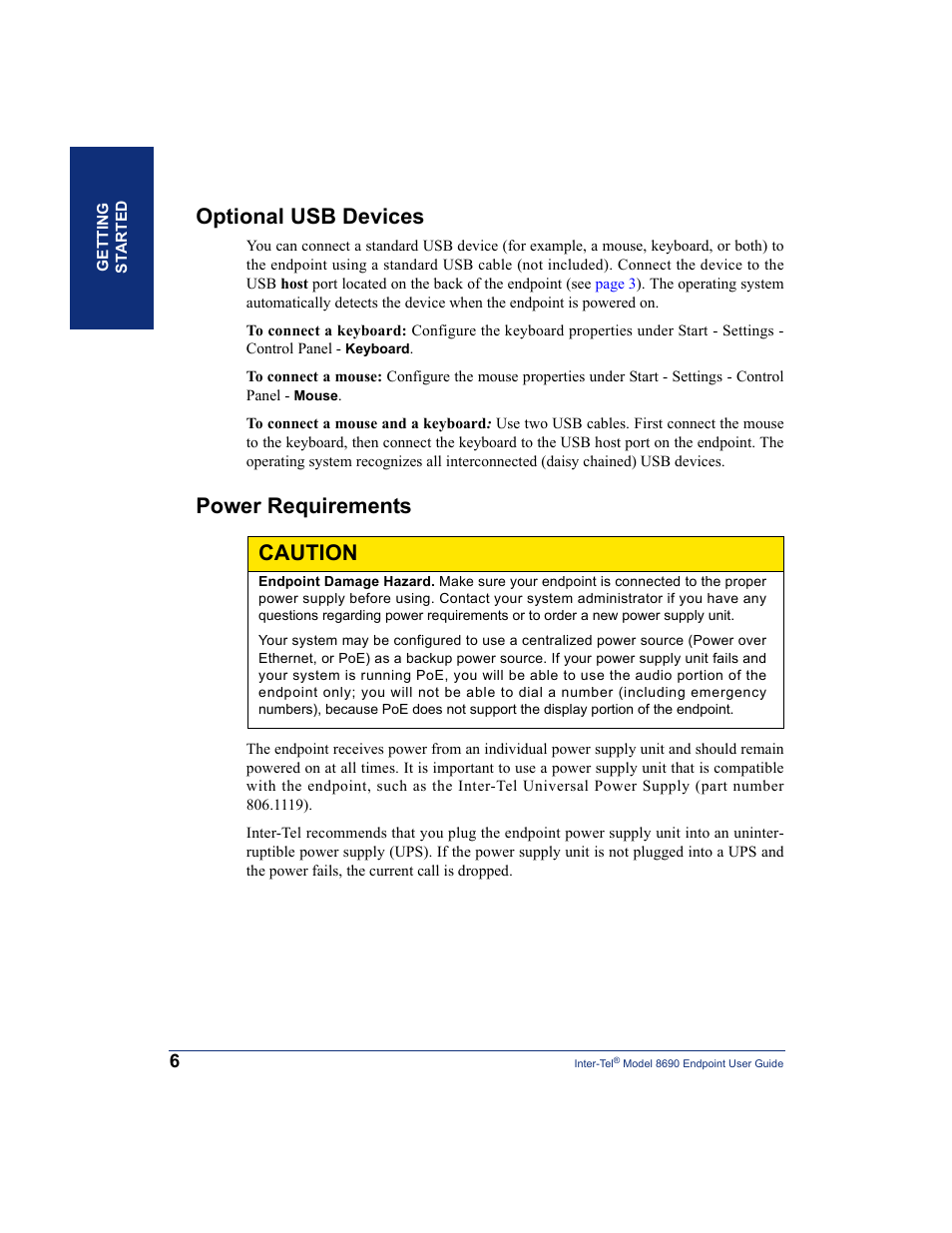 Optional usb devices, Power requirements, Optional usb devices power requirements | Caution | Inter-Tel 8690 User Manual | Page 20 / 118