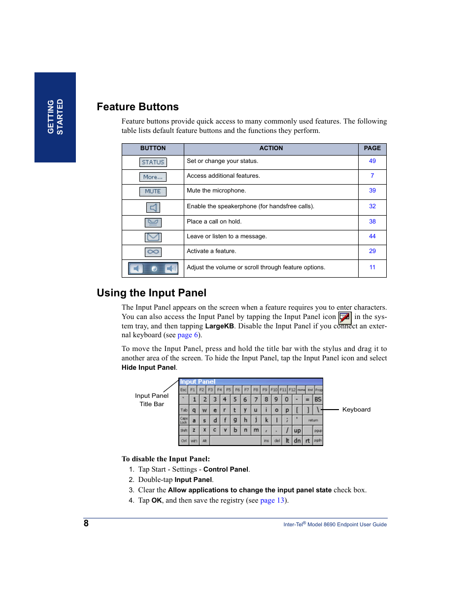 Feature buttons, Using the input panel, Feature buttons using the input panel | Inter-Tel 8690 User Manual | Page 22 / 118