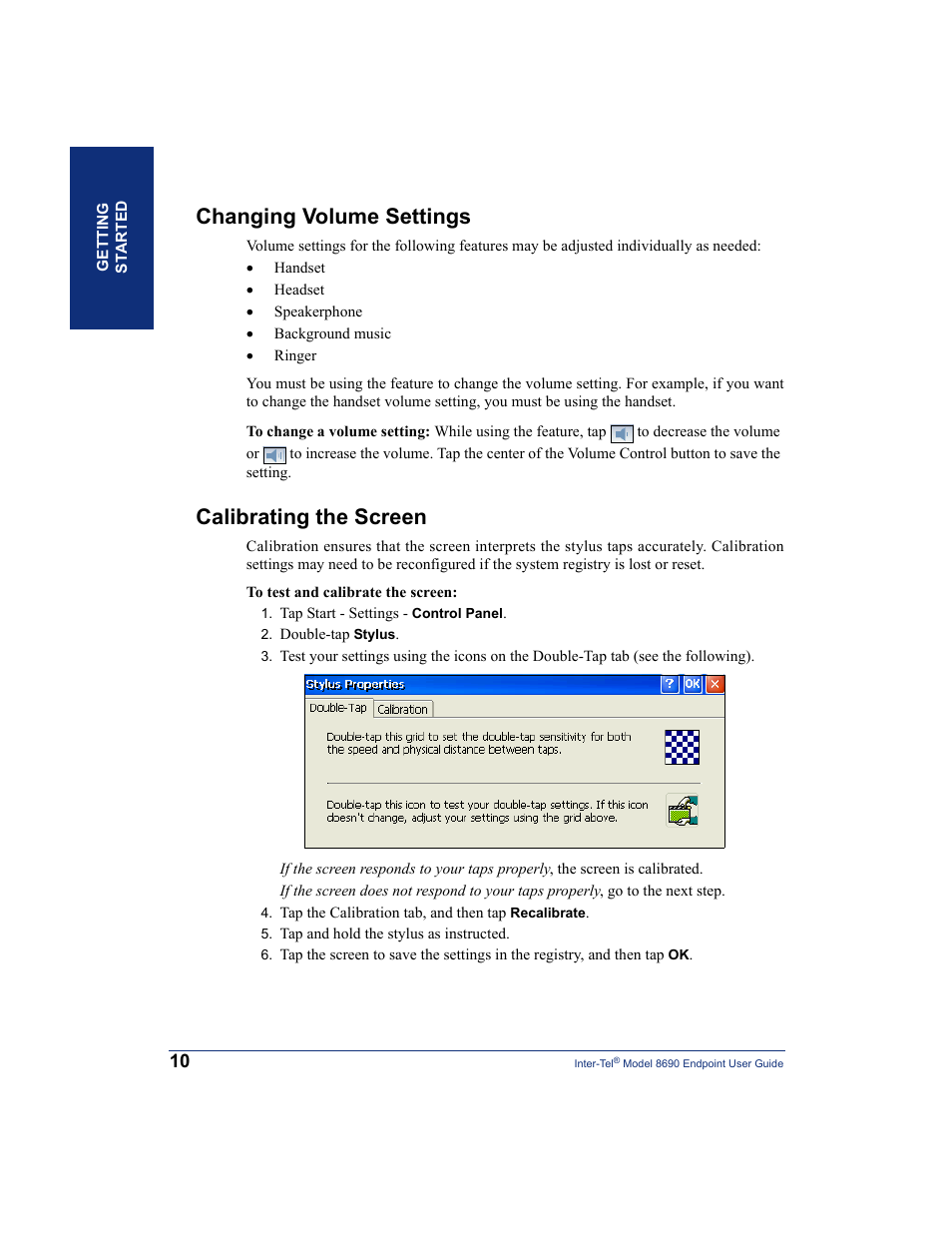Changing volume settings, Calibrating the screen, Changing volume settings calibrating the screen | Inter-Tel 8690 User Manual | Page 24 / 118