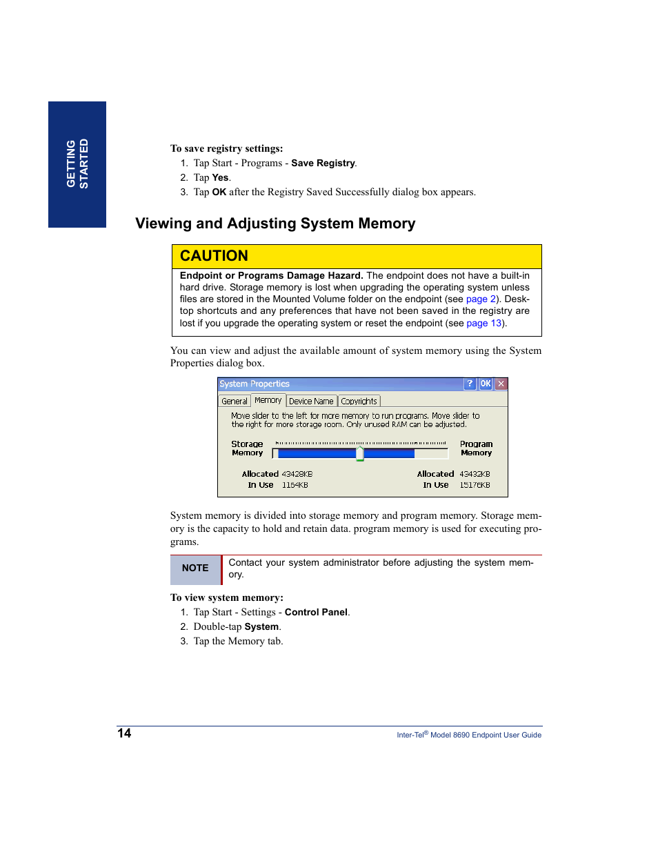 Viewing and adjusting system memory, Caution | Inter-Tel 8690 User Manual | Page 28 / 118