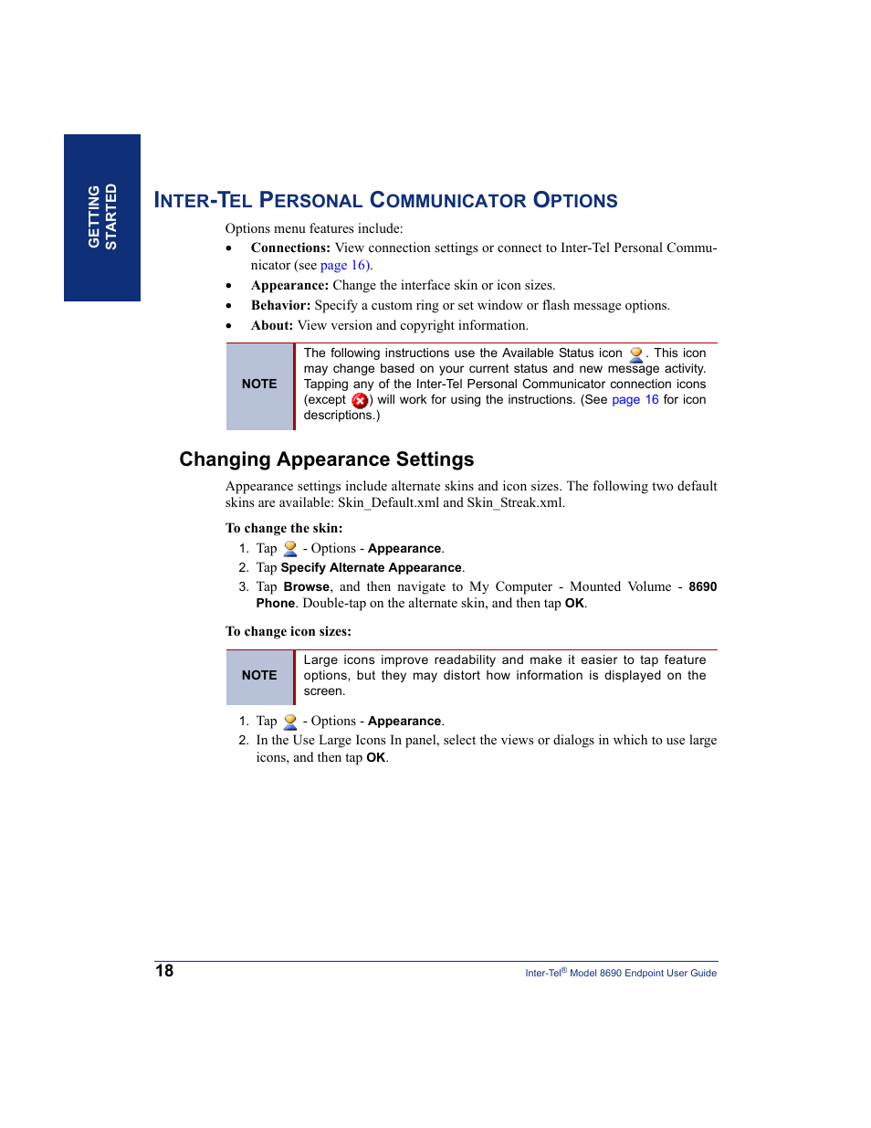 Inter-tel personal communicator options, Changing appearance settings, Nter | Ersonal, Ommunicator, Ptions | Inter-Tel 8690 User Manual | Page 32 / 118