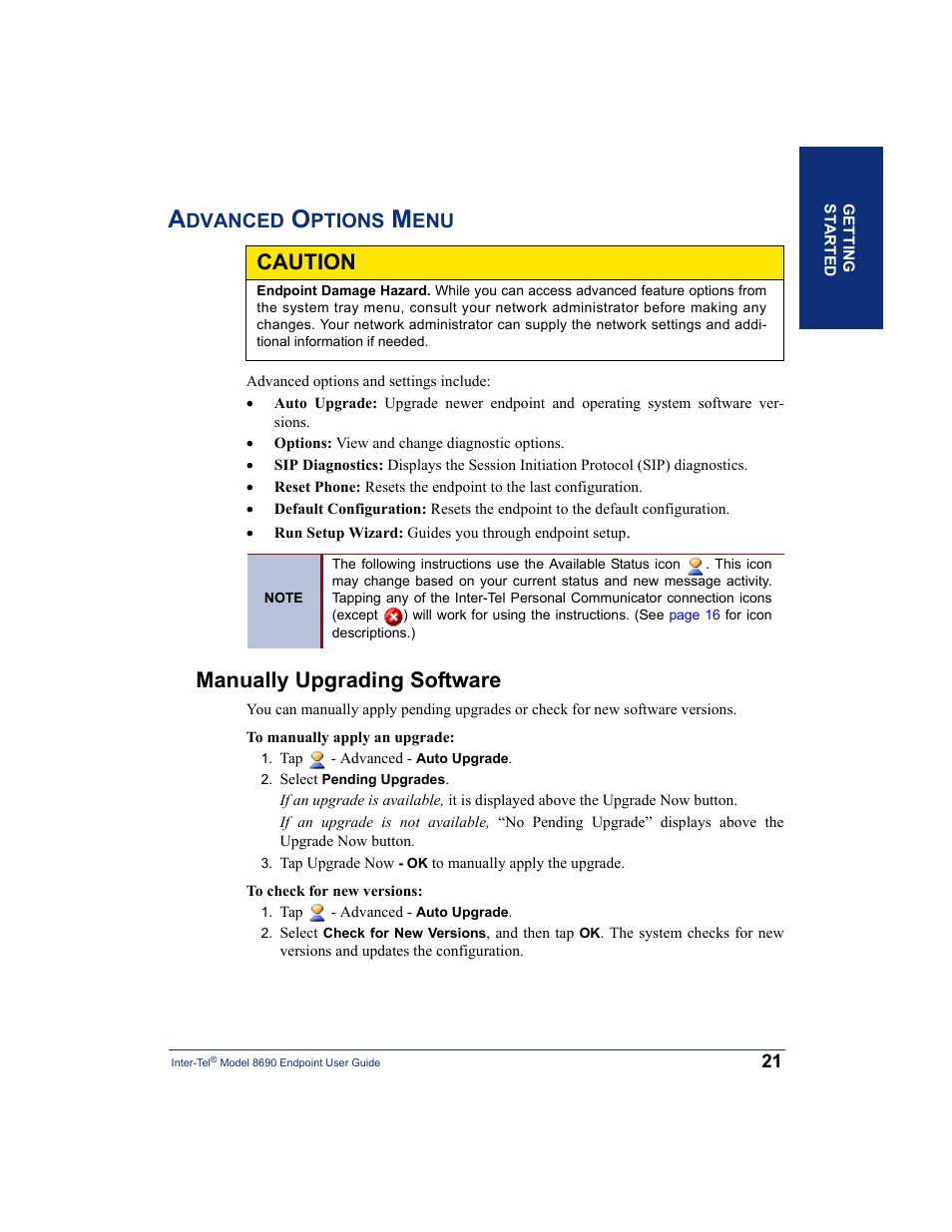 Advanced options menu, Manually upgrading software, Caution | Dvanced, Ptions | Inter-Tel 8690 User Manual | Page 35 / 118
