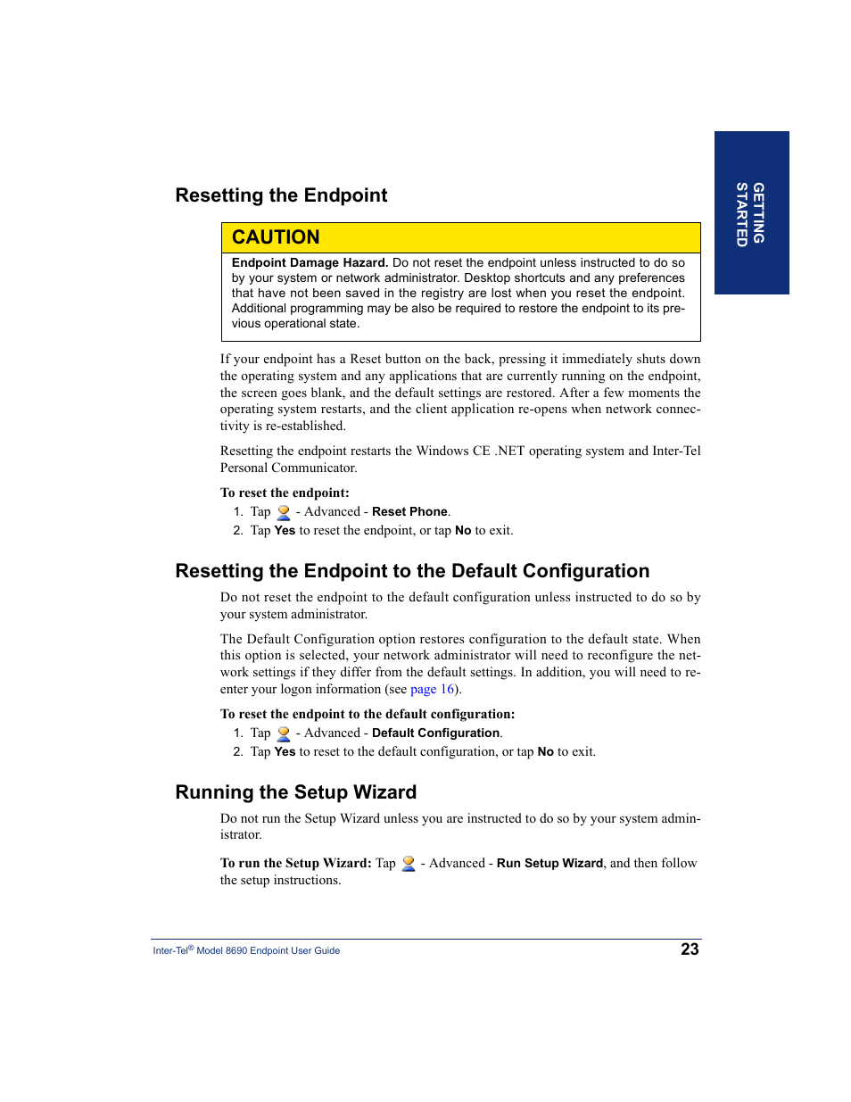 Resetting the endpoint, Running the setup wizard, Caution | Inter-Tel 8690 User Manual | Page 37 / 118