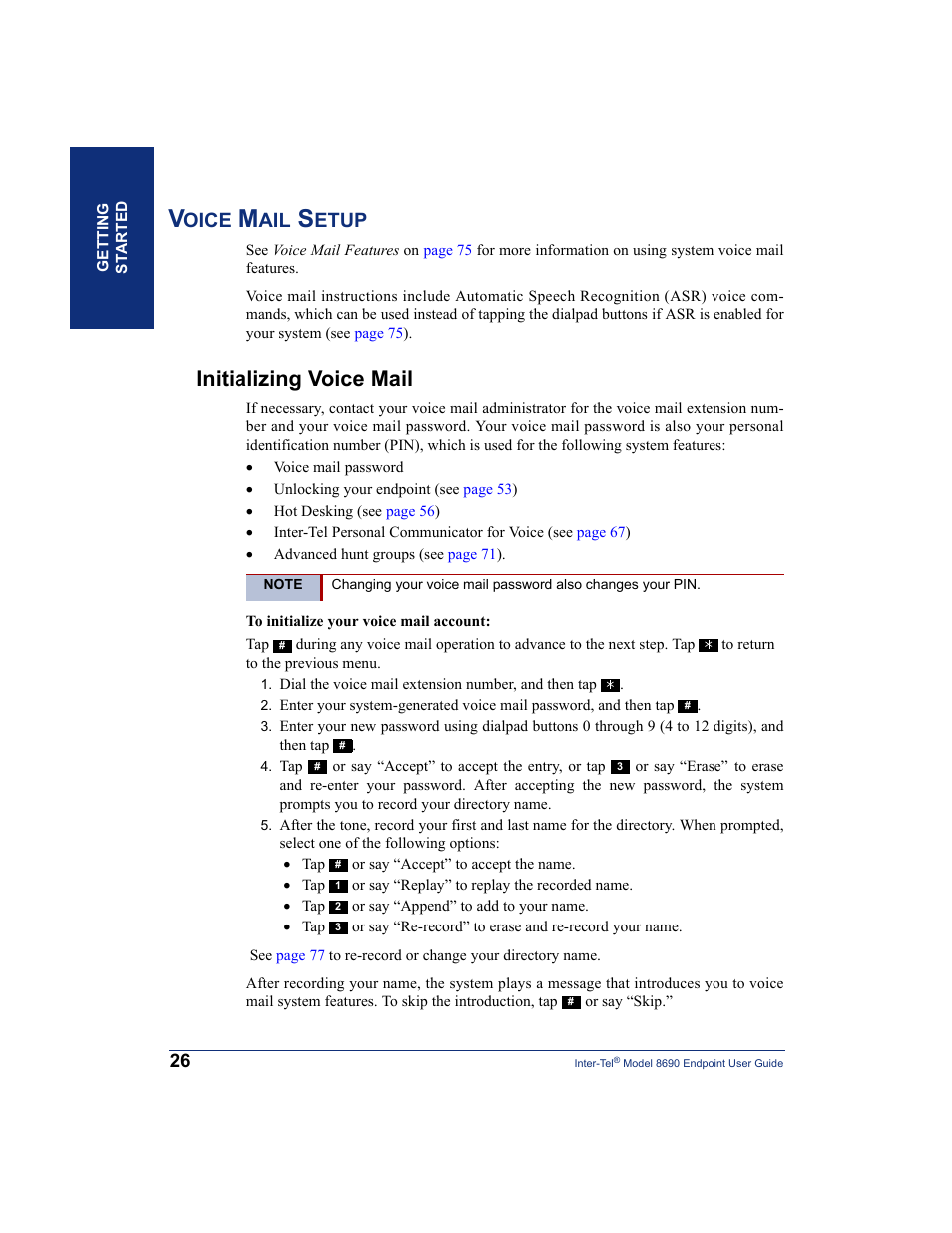 Voice mail setup, Initializing voice mail, Oice | Etup | Inter-Tel 8690 User Manual | Page 40 / 118