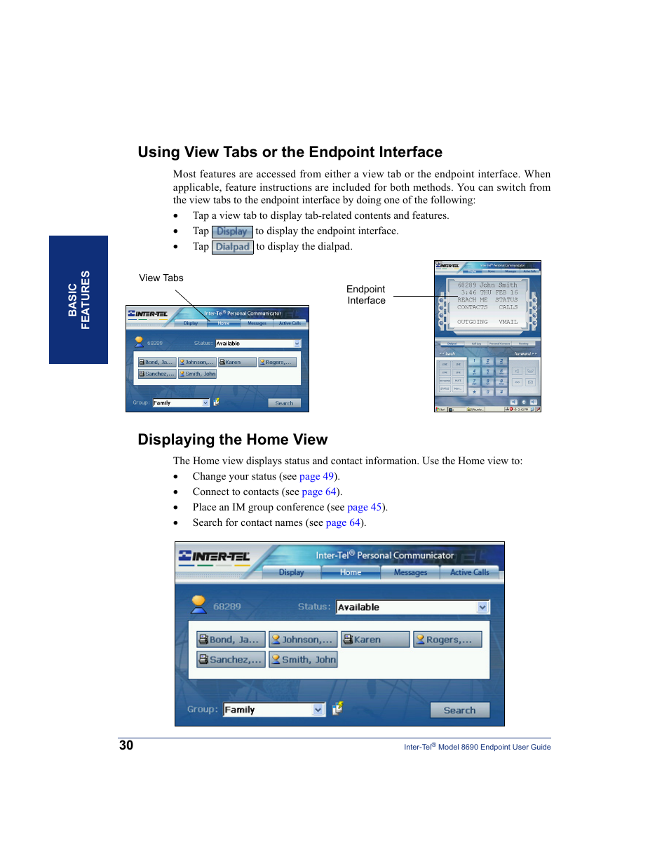 Using view tabs or the endpoint interface, Displaying the home view | Inter-Tel 8690 User Manual | Page 44 / 118