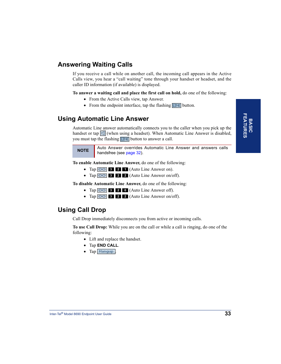 Answering waiting calls, Using automatic line answer, Using call drop | Inter-Tel 8690 User Manual | Page 47 / 118