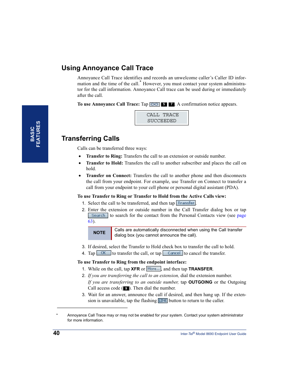 Using annoyance call trace, Transferring calls, Using annoyance call trace transferring calls | Inter-Tel 8690 User Manual | Page 54 / 118