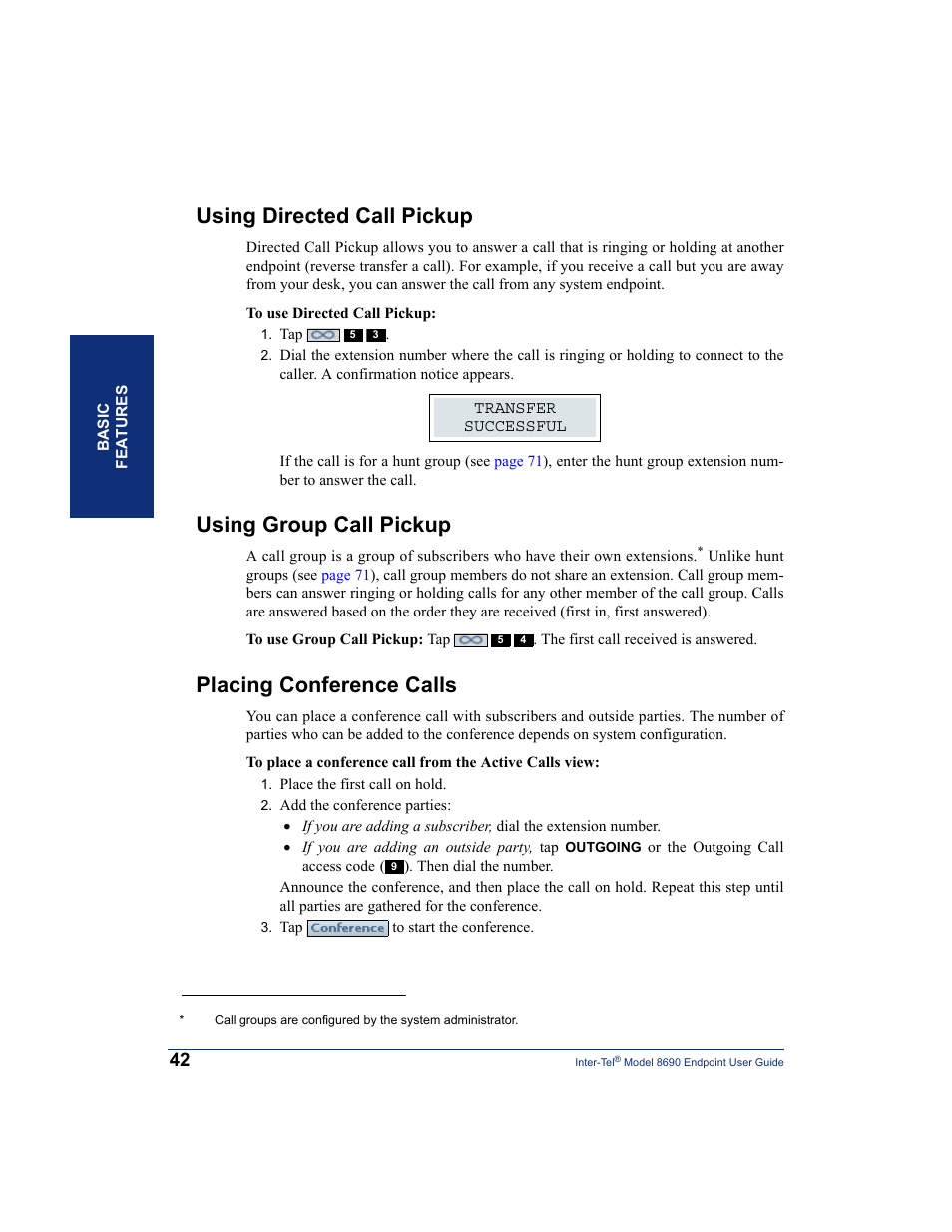 Using directed call pickup, Using group call pickup, Placing conference calls | Inter-Tel 8690 User Manual | Page 56 / 118