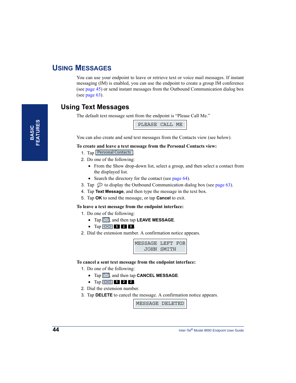 Using messages, Using text messages, Sing | Essages | Inter-Tel 8690 User Manual | Page 58 / 118