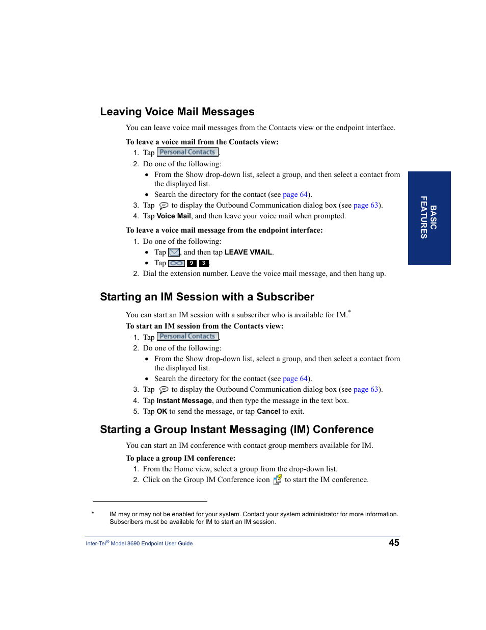 Leaving voice mail messages, Starting an im session with a subscriber, Starting a group instant messaging (im) conference | Or send | Inter-Tel 8690 User Manual | Page 59 / 118