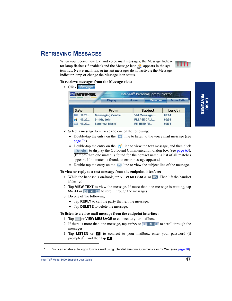 Retrieving messages, Etrieving, Essages | Inter-Tel 8690 User Manual | Page 61 / 118