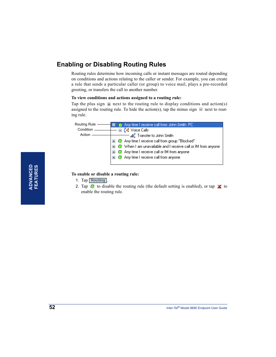 Enabling or disabling routing rules, N (see | Inter-Tel 8690 User Manual | Page 66 / 118