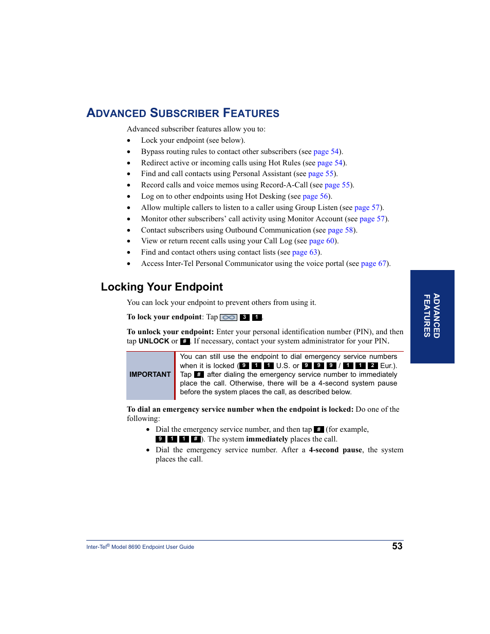 Advanced subscriber features, Locking your endpoint, Dvanced | Ubscriber, Eatures | Inter-Tel 8690 User Manual | Page 67 / 118