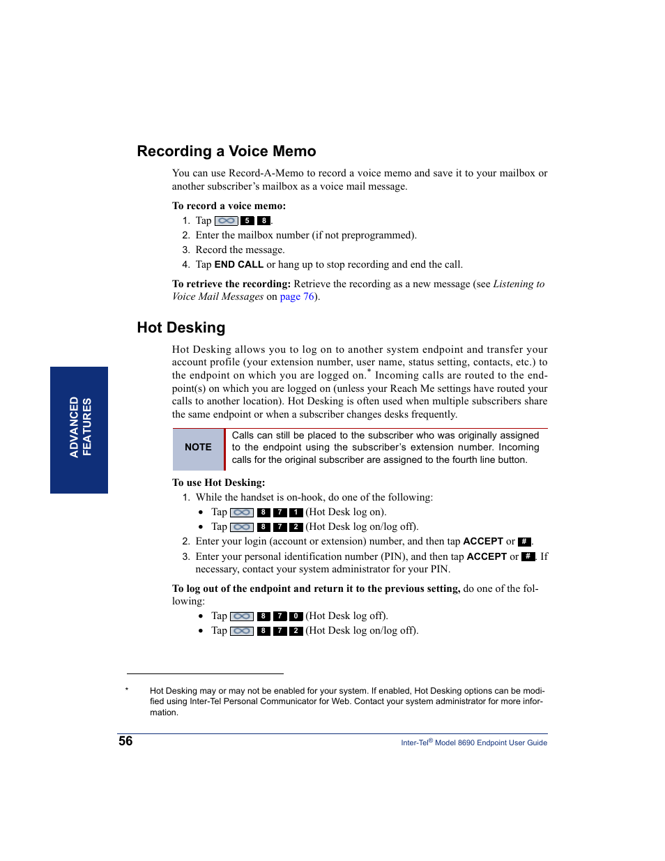 Recording a voice memo, Hot desking, Recording a voice memo hot desking | Inter-Tel 8690 User Manual | Page 70 / 118