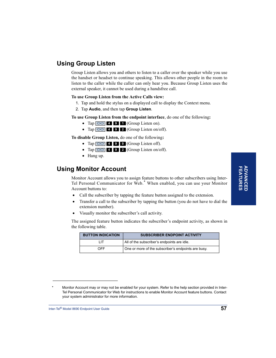 Using group listen, Using monitor account, Using group listen using monitor account | D (see, Group listen (see, T (see | Inter-Tel 8690 User Manual | Page 71 / 118