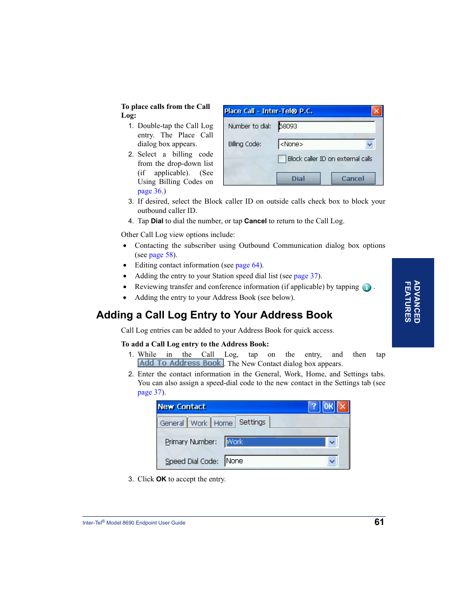 Adding a call log entry to your address book | Inter-Tel 8690 User Manual | Page 75 / 118