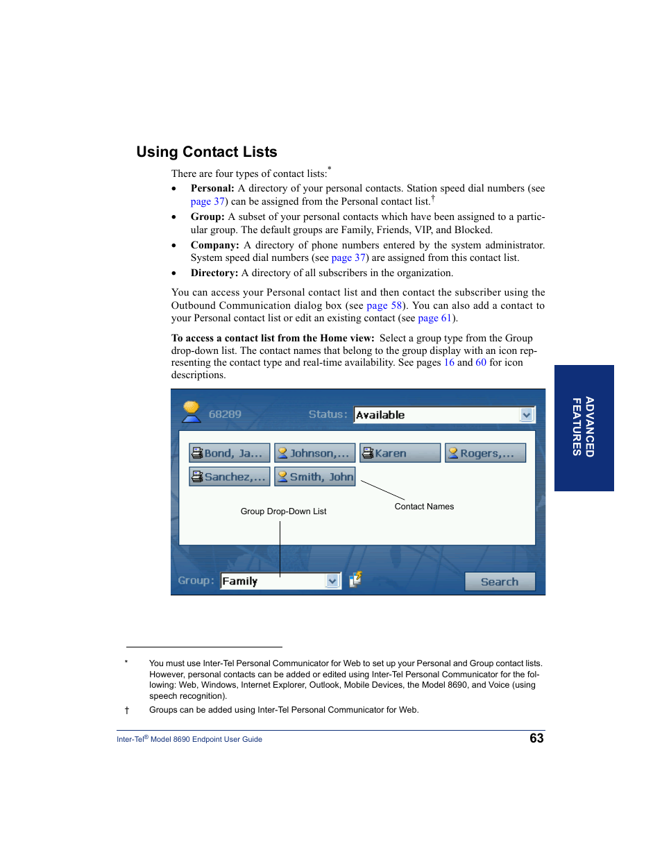 Using contact lists, X (see, Act list (see | Inter-Tel 8690 User Manual | Page 77 / 118