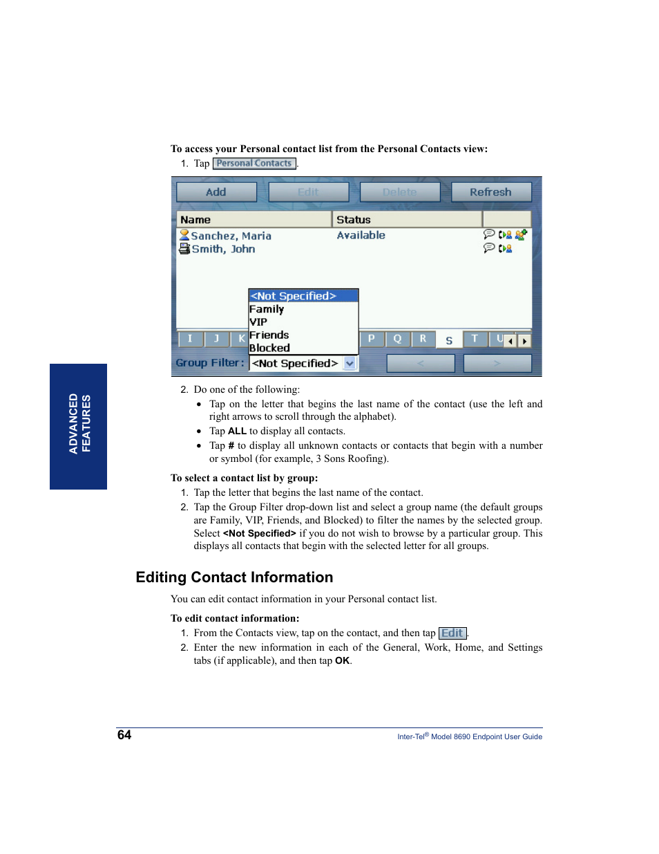 Editing contact information, Search the directory for the contact (see | Inter-Tel 8690 User Manual | Page 78 / 118