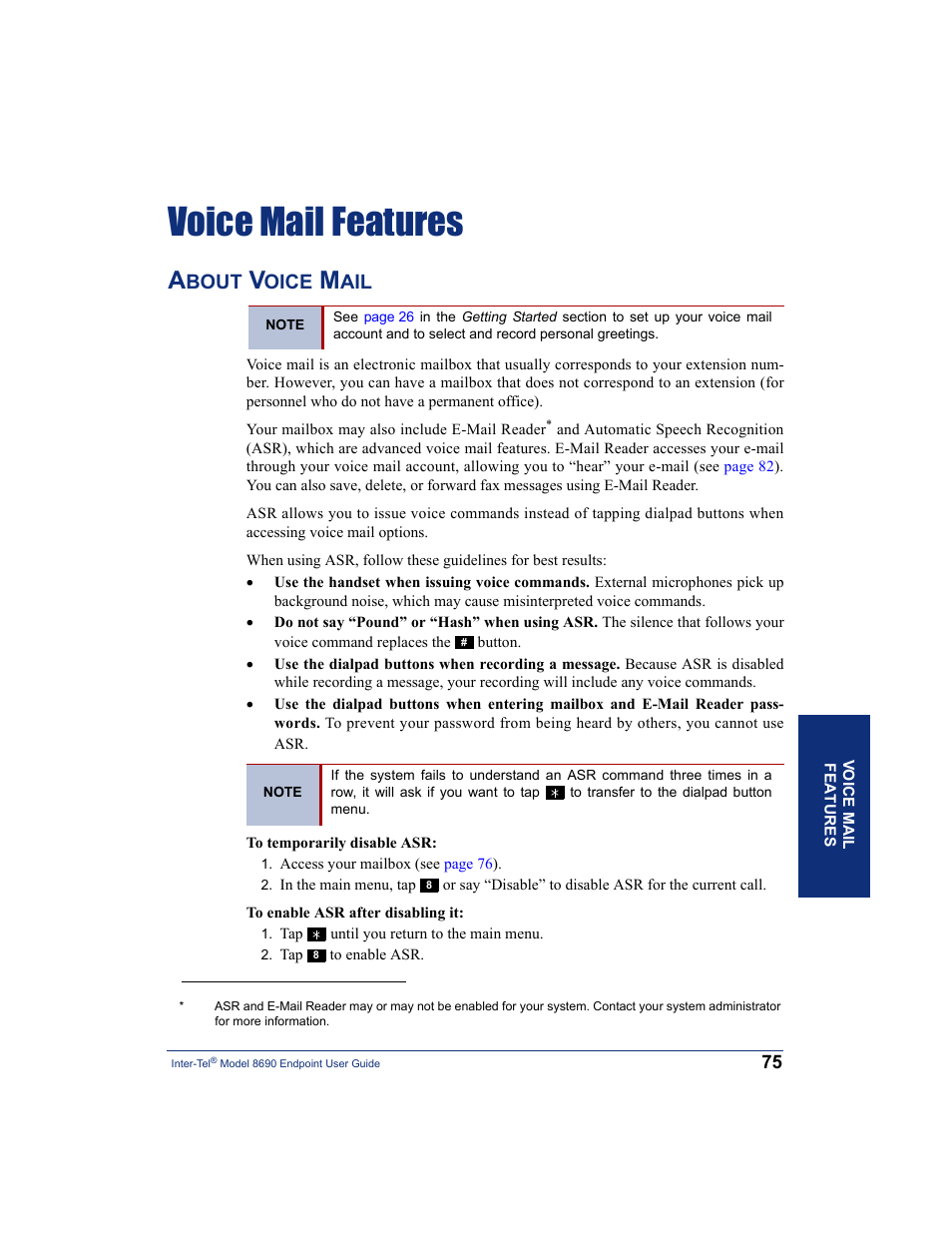 Voice mail features, About voice mail, Bout | Oice | Inter-Tel 8690 User Manual | Page 89 / 118