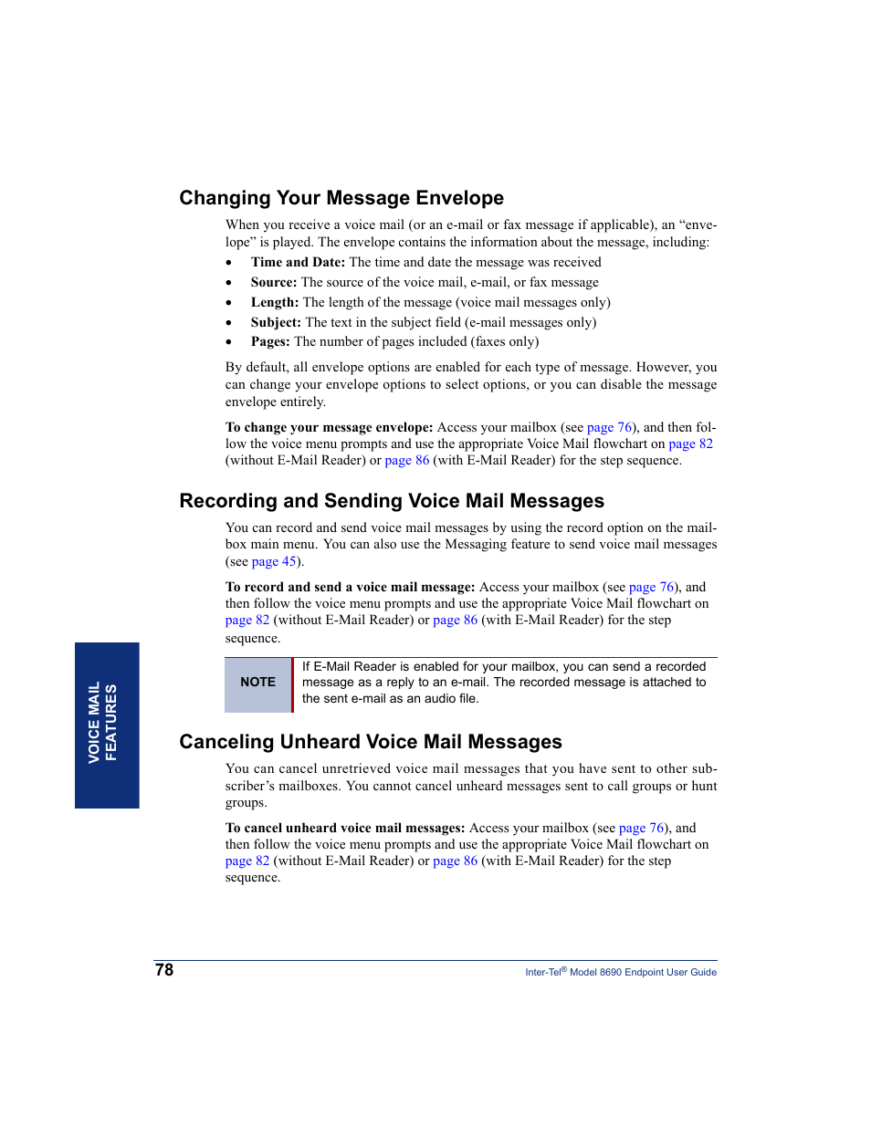 Changing your message envelope, Recording and sending voice mail messages, Canceling unheard voice mail messages | Inter-Tel 8690 User Manual | Page 92 / 118