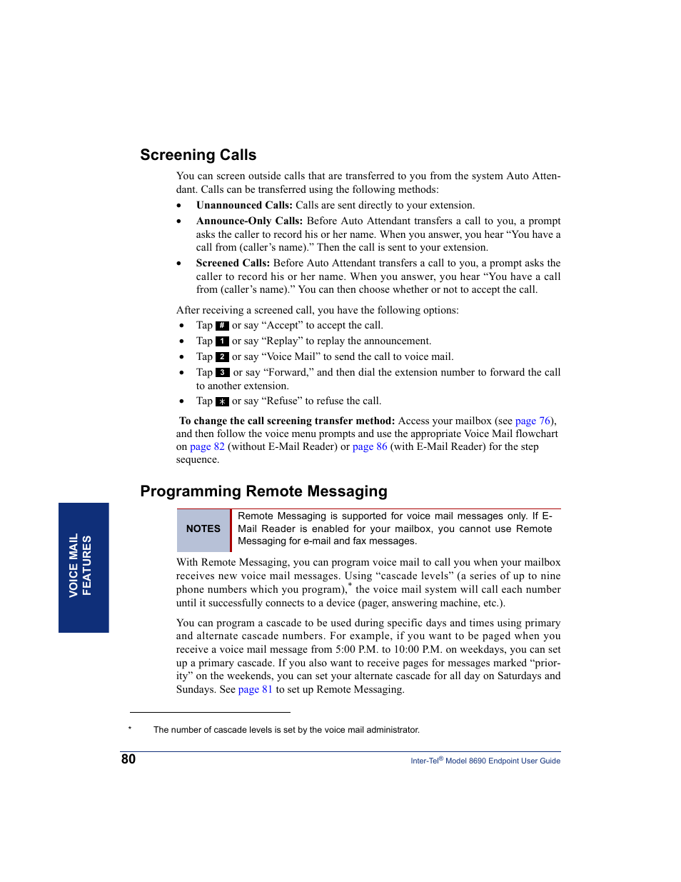 Screening calls, Programming remote messaging, Screening calls programming remote messaging | Inter-Tel 8690 User Manual | Page 94 / 118