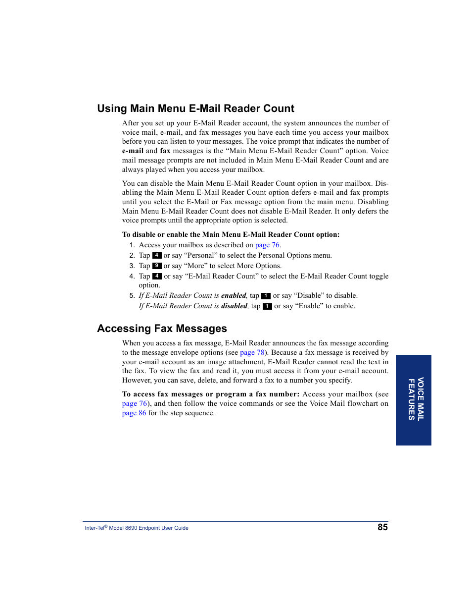 Using main menu e-mail reader count, Accessing fax messages | Inter-Tel 8690 User Manual | Page 99 / 118
