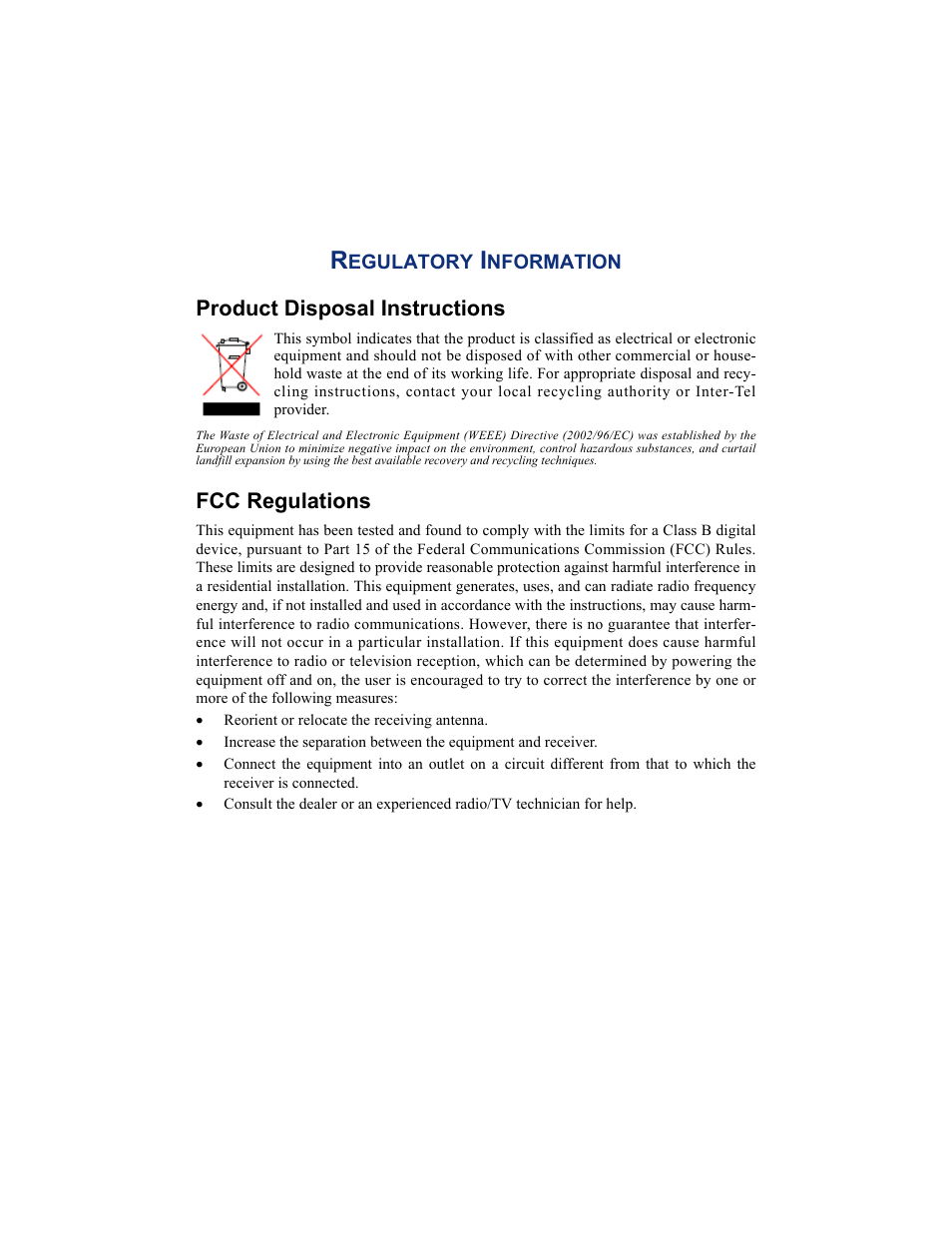 Regulatory information, Product disposal instructions, Fcc regulations | Inter-Tel 7000 8662 User Manual | Page 10 / 90