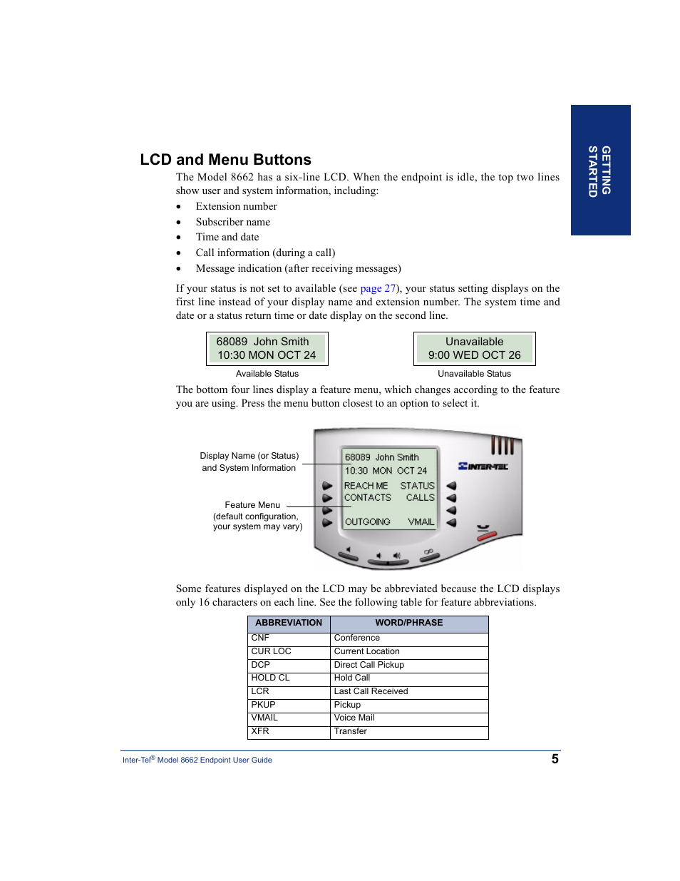 Lcd and menu buttons | Inter-Tel 7000 8662 User Manual | Page 19 / 90