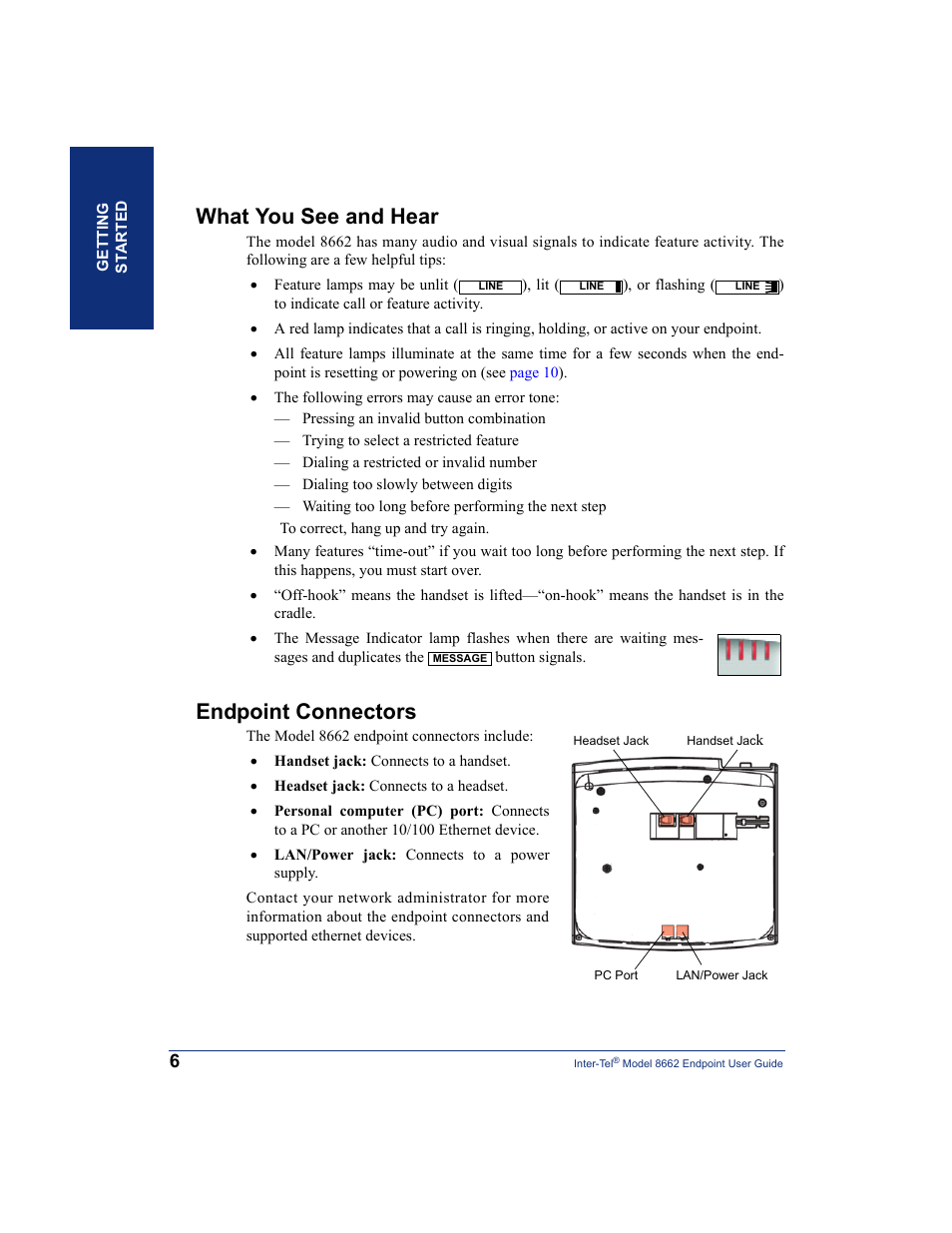 What you see and hear, Endpoint connectors, What you see and hear endpoint connectors | Inter-Tel 7000 8662 User Manual | Page 20 / 90