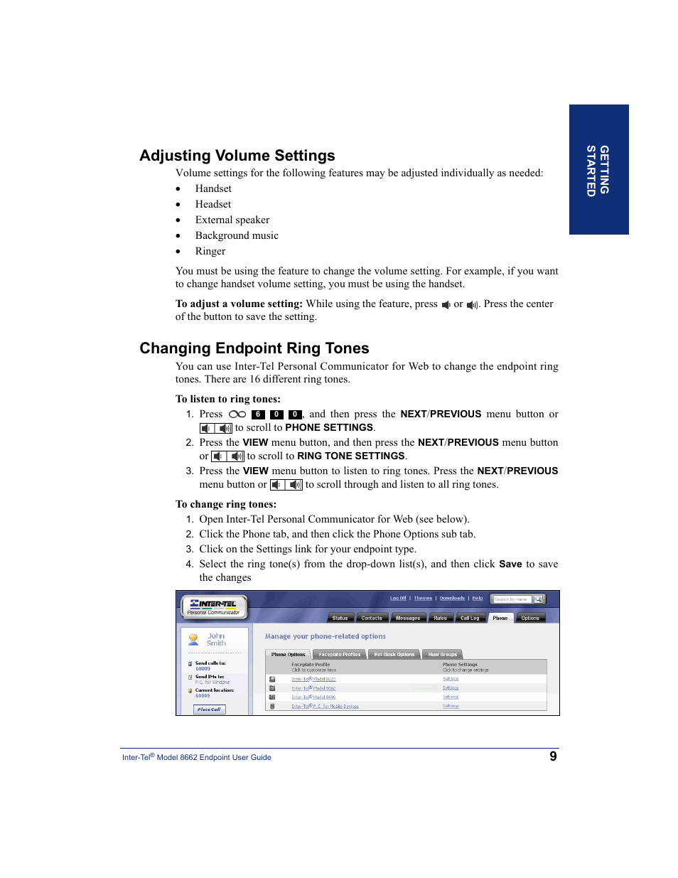 Adjusting volume settings, Changing endpoint ring tones | Inter-Tel 7000 8662 User Manual | Page 23 / 90