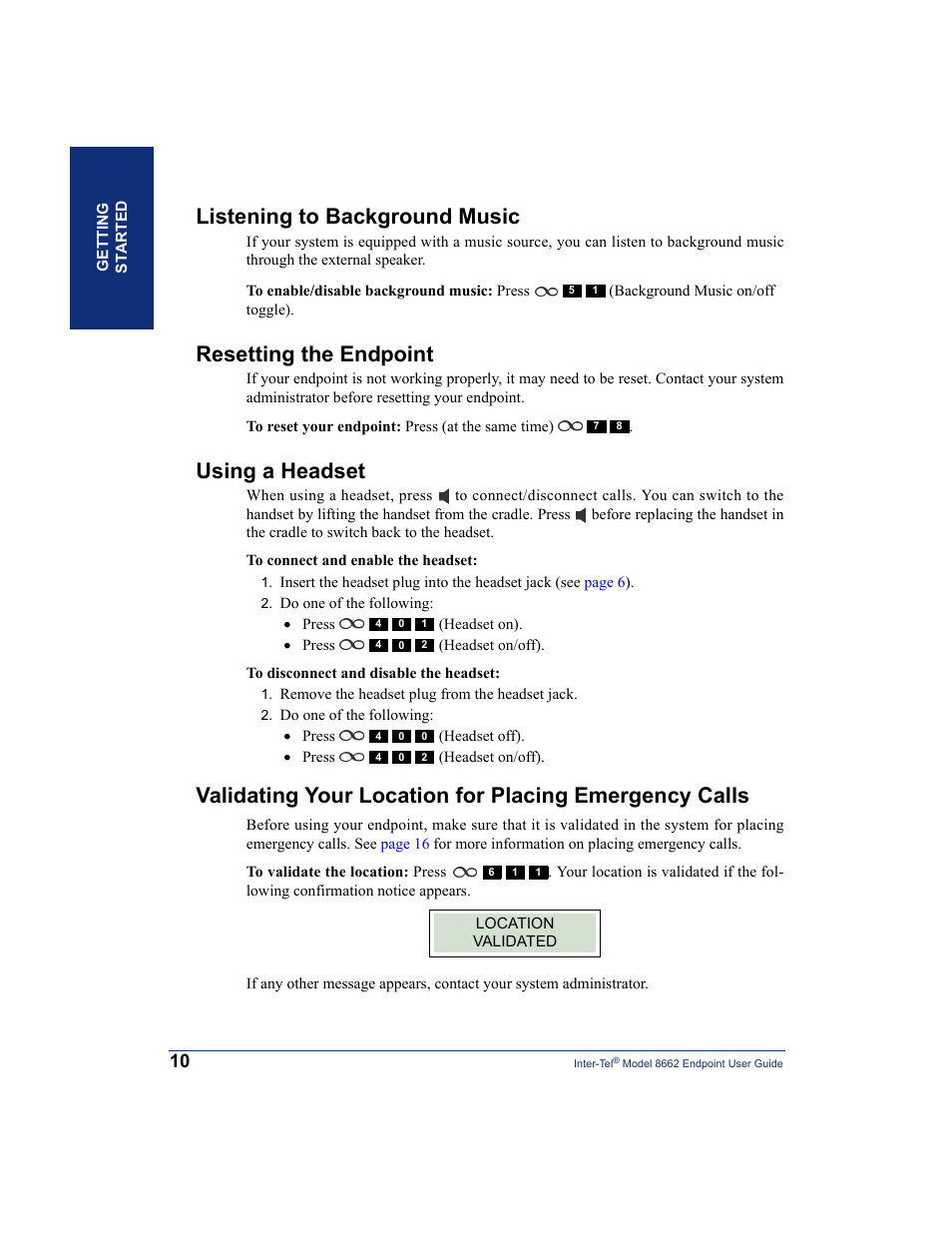 Listening to background music, Resetting the endpoint, Using a headset | Inter-Tel 7000 8662 User Manual | Page 24 / 90