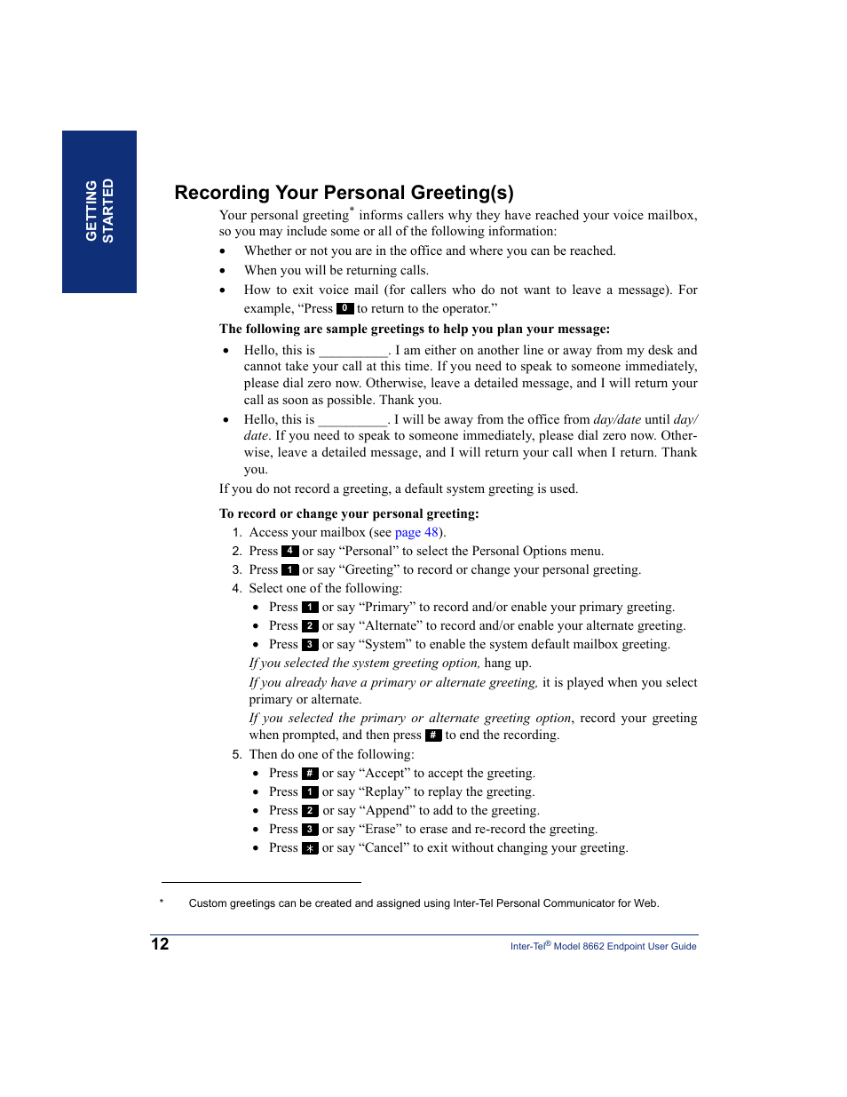 Recording your personal greeting(s) | Inter-Tel 7000 8662 User Manual | Page 26 / 90