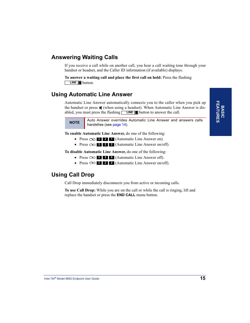 Answering waiting calls, Using automatic line answer, Using call drop | Inter-Tel 7000 8662 User Manual | Page 29 / 90