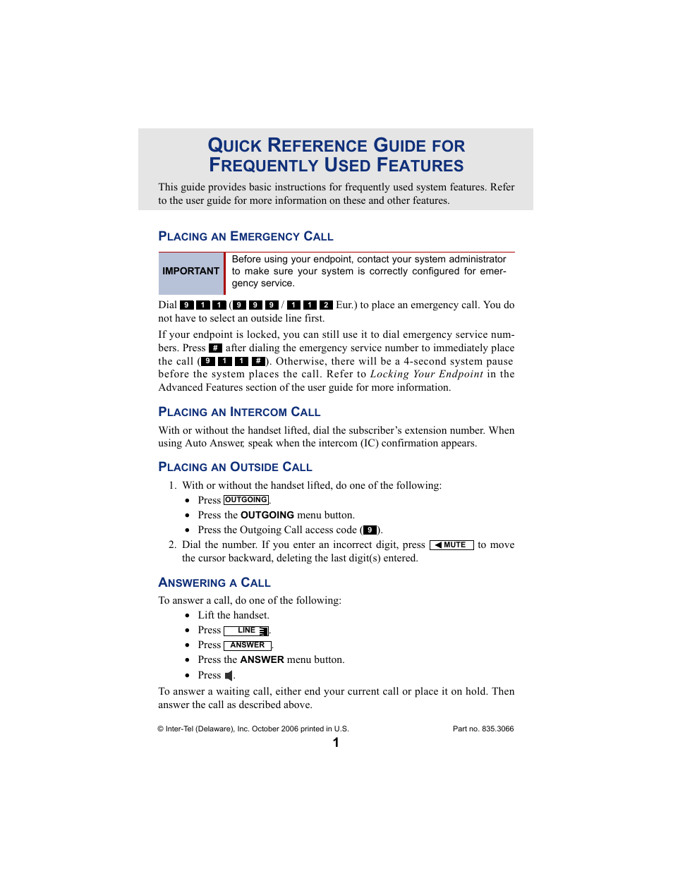 Quick reference guide, Uick, Eference | Uide, Requently, Eatures | Inter-Tel 7000 8662 User Manual | Page 3 / 90