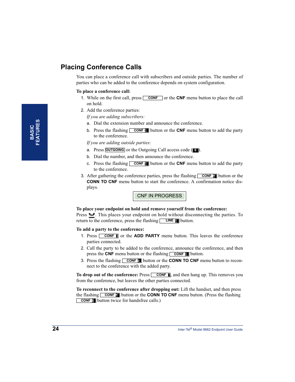 Placing conference calls | Inter-Tel 7000 8662 User Manual | Page 38 / 90