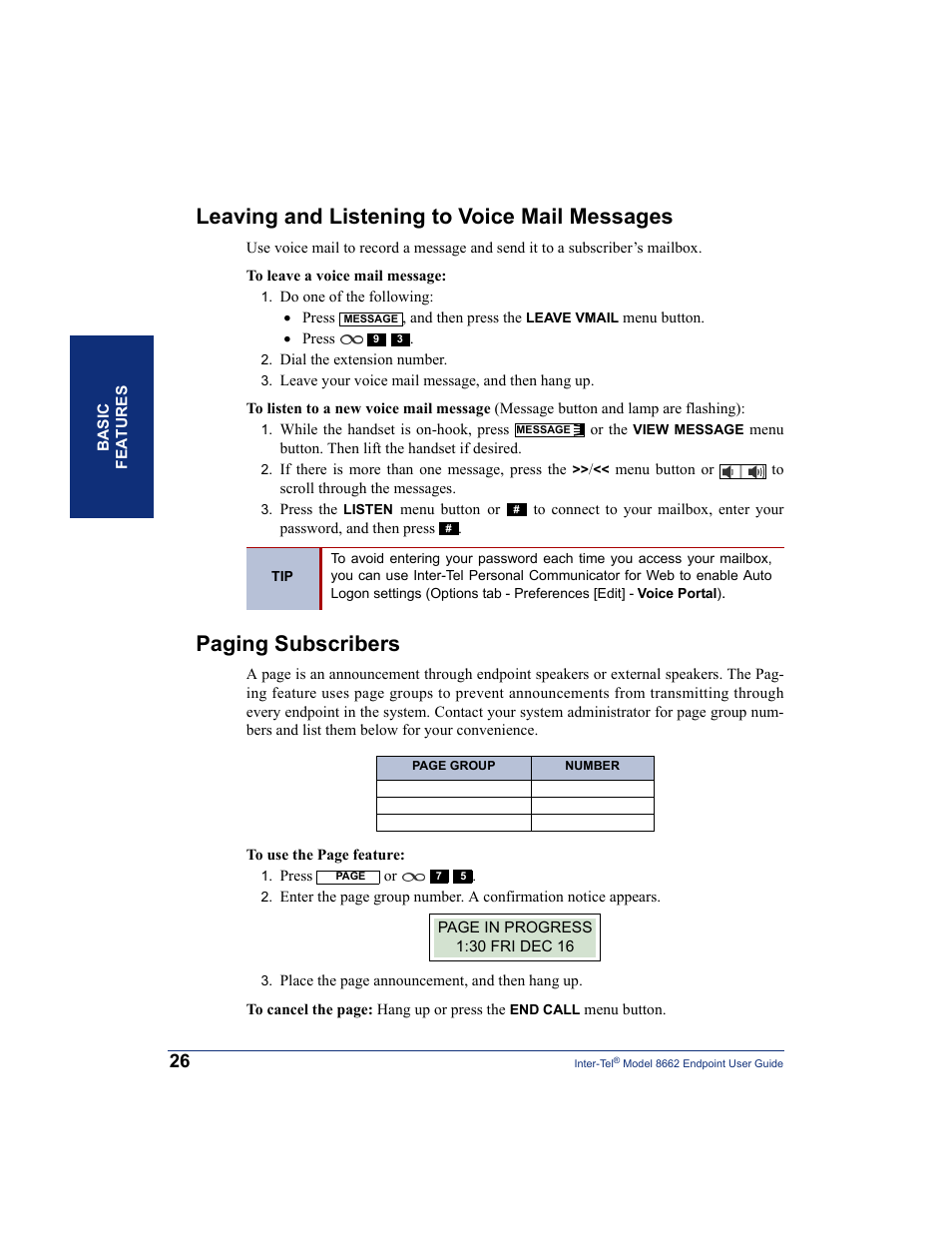 Leaving and listening to voice mail messages, Paging subscribers | Inter-Tel 7000 8662 User Manual | Page 40 / 90
