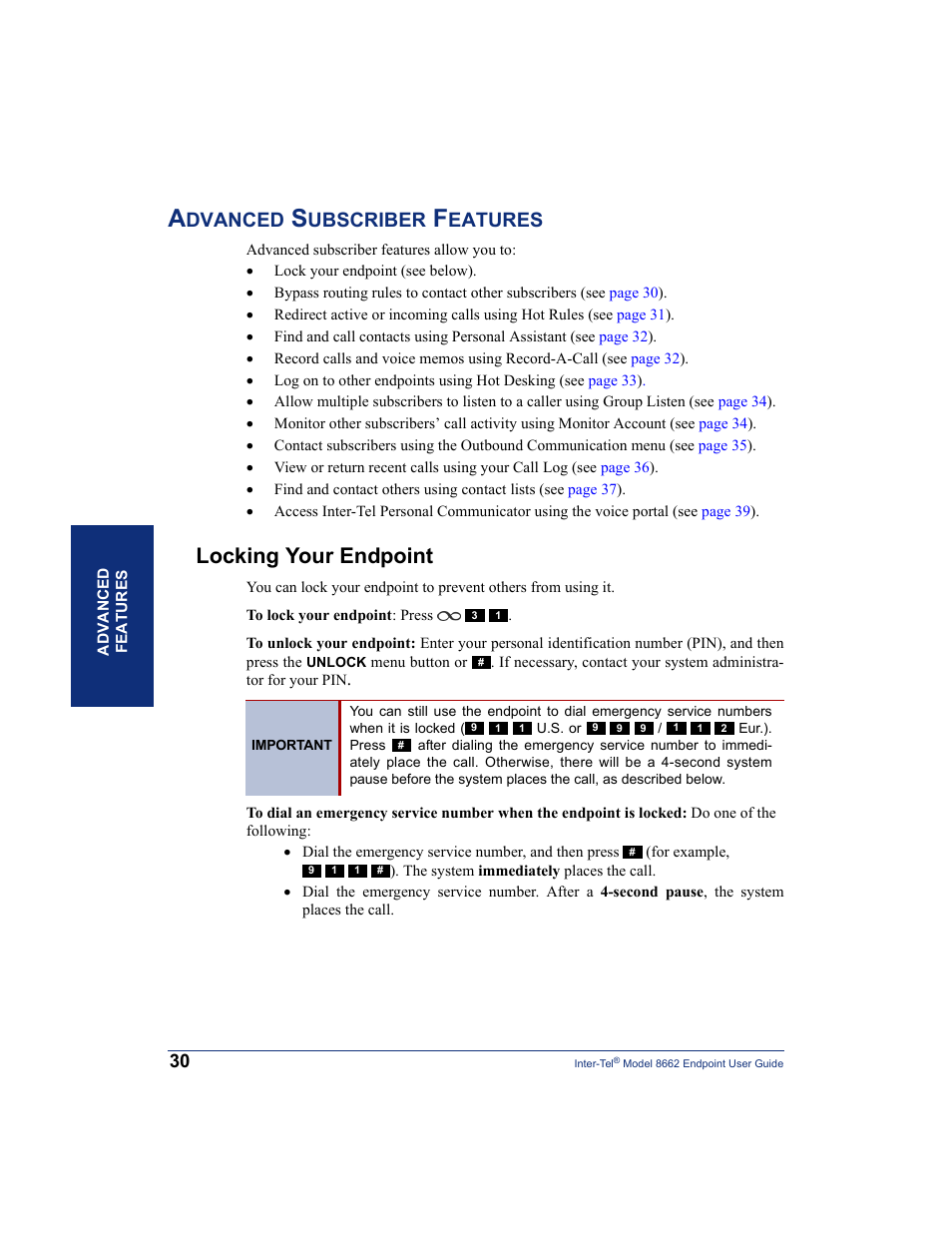 Advanced subscriber features, Locking your endpoint, Dvanced | Ubscriber, Eatures | Inter-Tel 7000 8662 User Manual | Page 44 / 90